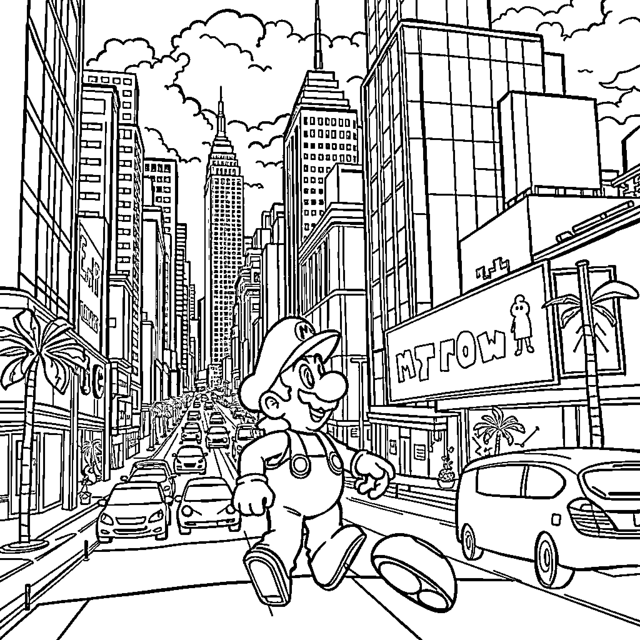 Mario on an exciting adventure in the city Coloring Page (free black-and-white line drawing printable PDF for all, from beginners to advanced learners, including children, teens, adults, and seniors)