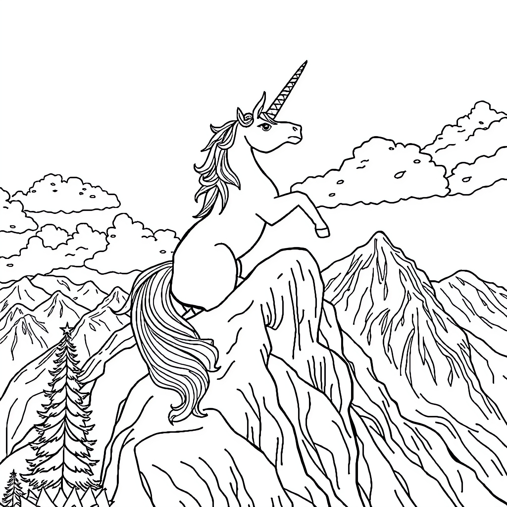 Unicorn galloping through magical mountain landscape Coloring Page (free black-and-white line drawing printable PDF for all, from beginners to advanced learners, including children, teens, adults, and seniors)