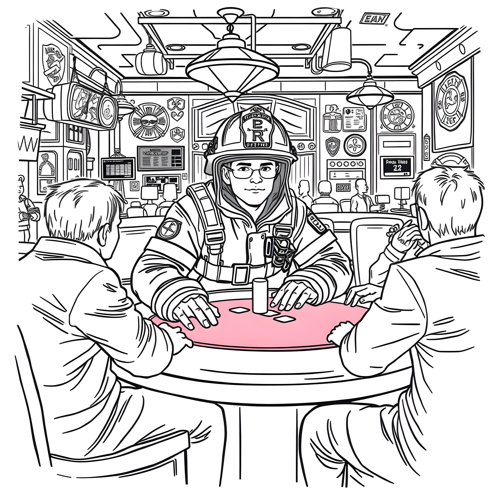 Firefighter Discussing Mission Plan with Colleagues Coloring Page (free black-and-white line drawing printable PDF for all, from beginners to advanced learners, including children, teens, adults, and seniors)