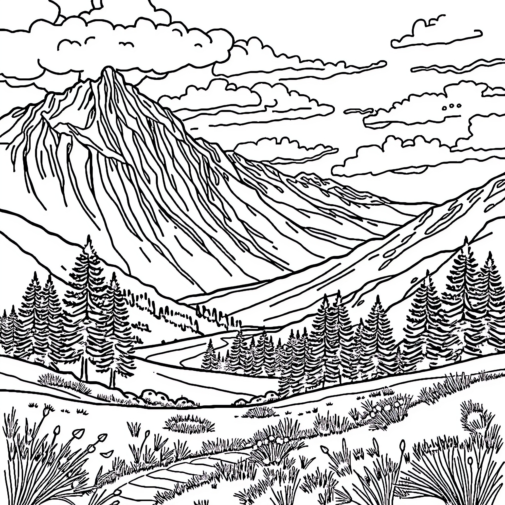 Print Majestic Mountain Landscape with Forests Coloring Page (free black-and-white line drawing printable PDF for all, from beginners to advanced learners, including children, teens, adults, and seniors)