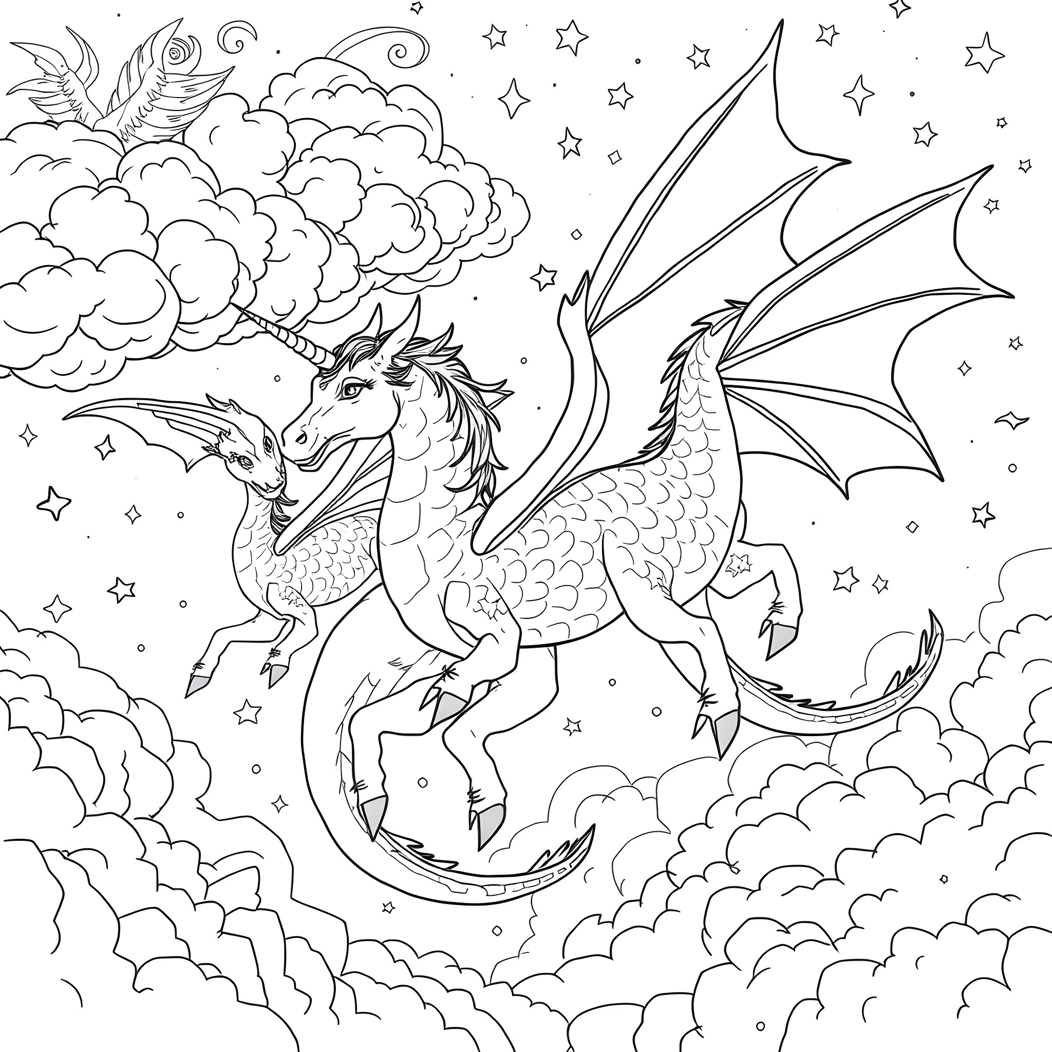 Unicorn-Dragon soaring through the starry night sky Coloring Page (free black-and-white line drawing printable PDF for all, from beginners to advanced learners, including children, teens, adults, and seniors)