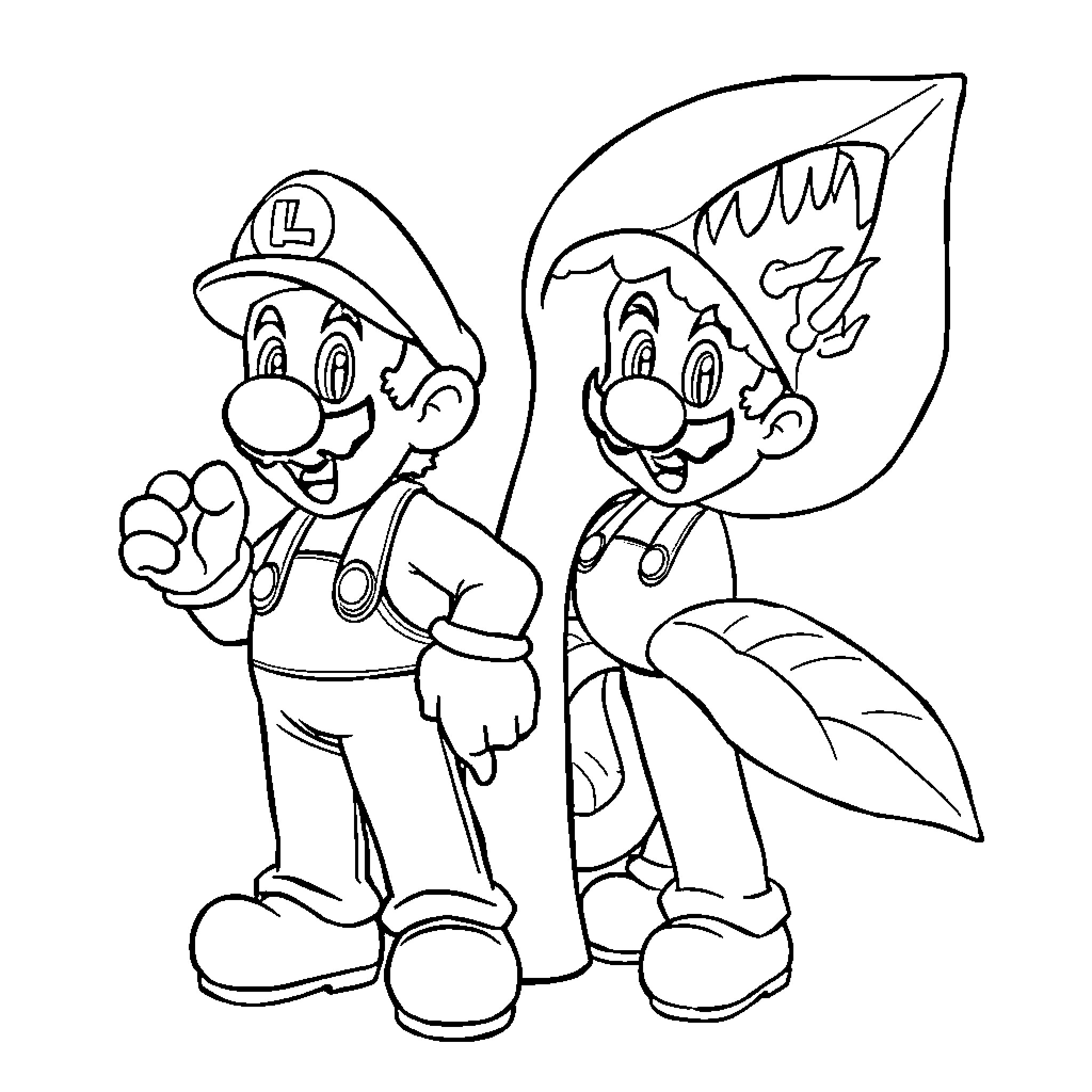 Piranha Plant and Plumber in Playful Adventure Coloring Page (free black-and-white line drawing printable PDF for all, from beginners to advanced learners, including children, teens, adults, and seniors)