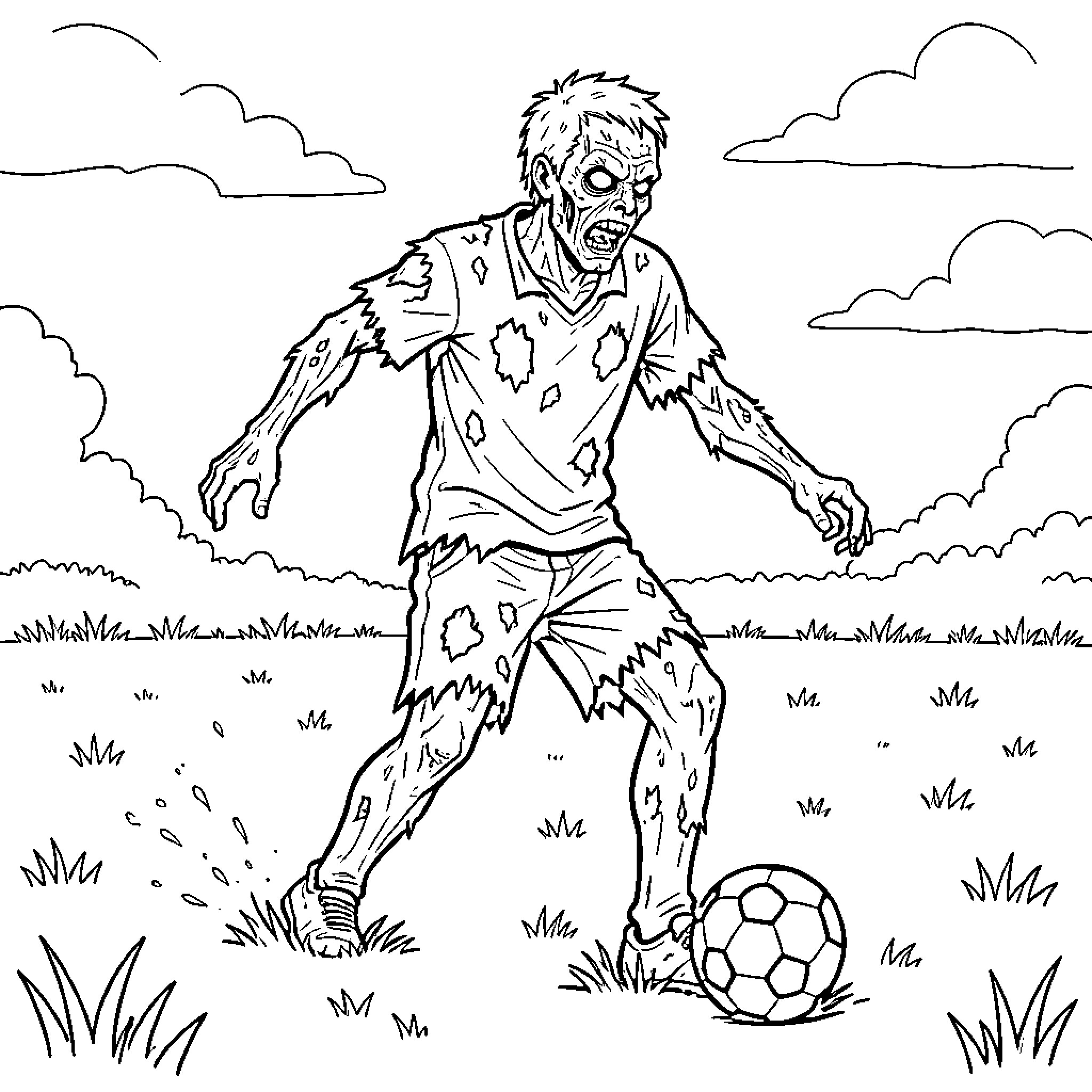Zombie Soccer Player in Ruined Uniform Coloring Page (free black-and-white line drawing printable PDF for all, from beginners to advanced learners, including children, teens, adults, and seniors)