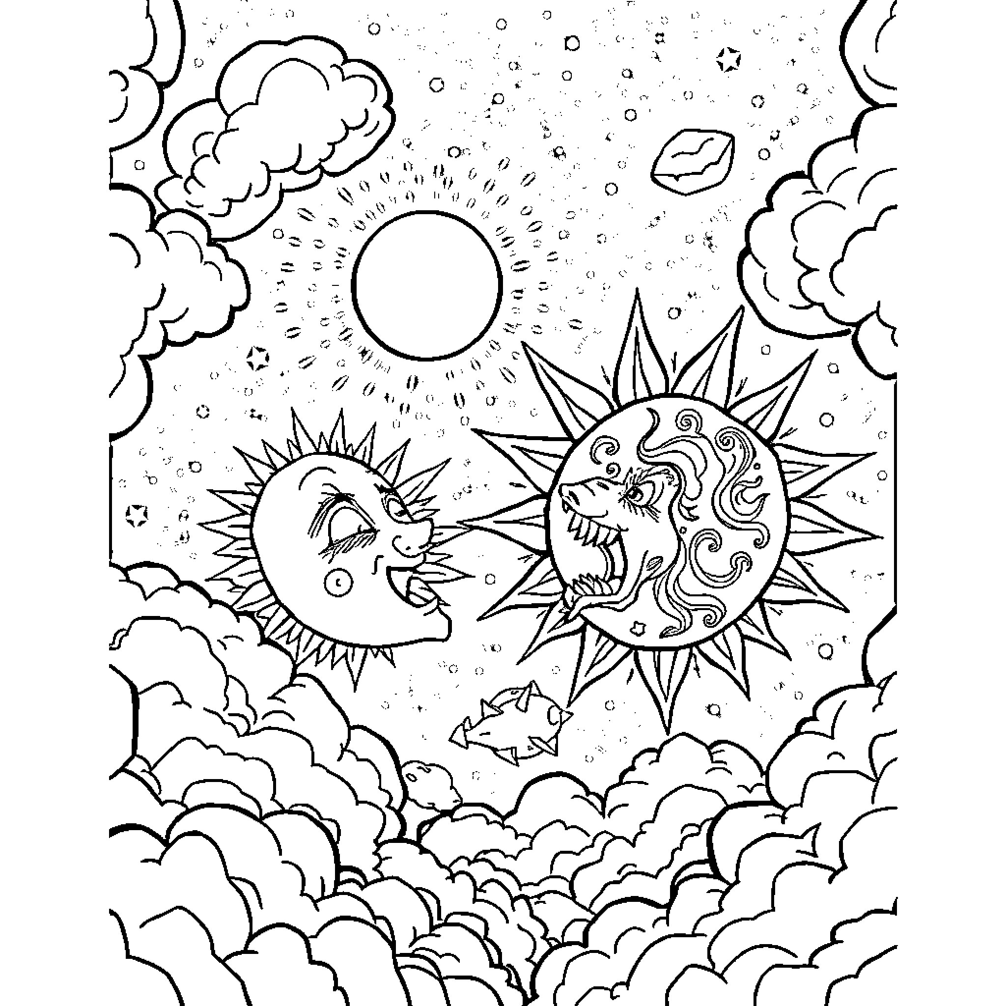 Sun and Moon in Cosmic Harmony Coloring Page (free black-and-white line drawing printable PDF for all, from beginners to advanced learners, including children, teens, adults, and seniors)
