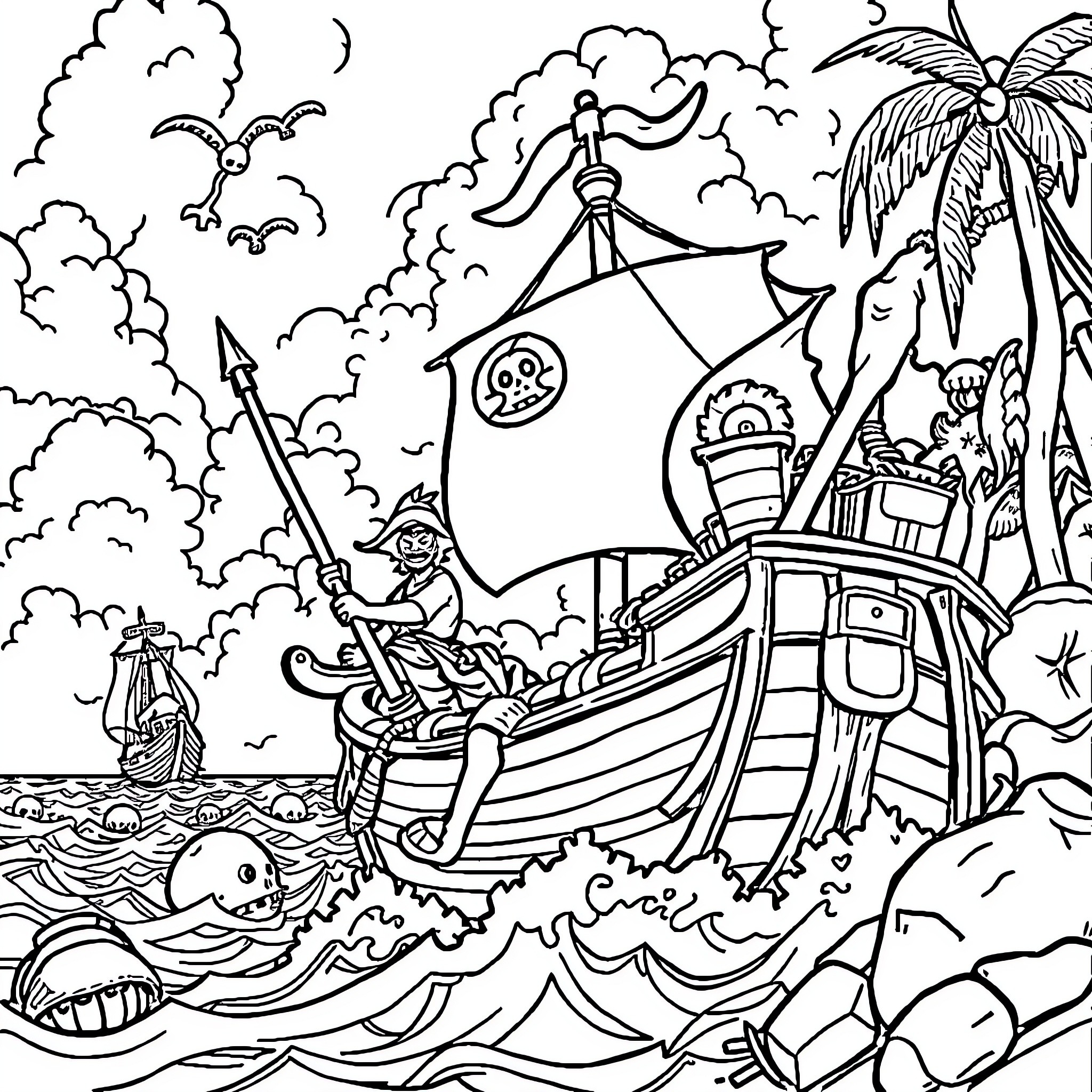 One Piece Pirate Ship Adventure on High Seas Coloring Page (free black-and-white line drawing printable PDF for all, from beginners to advanced learners, including children, teens, adults, and seniors)