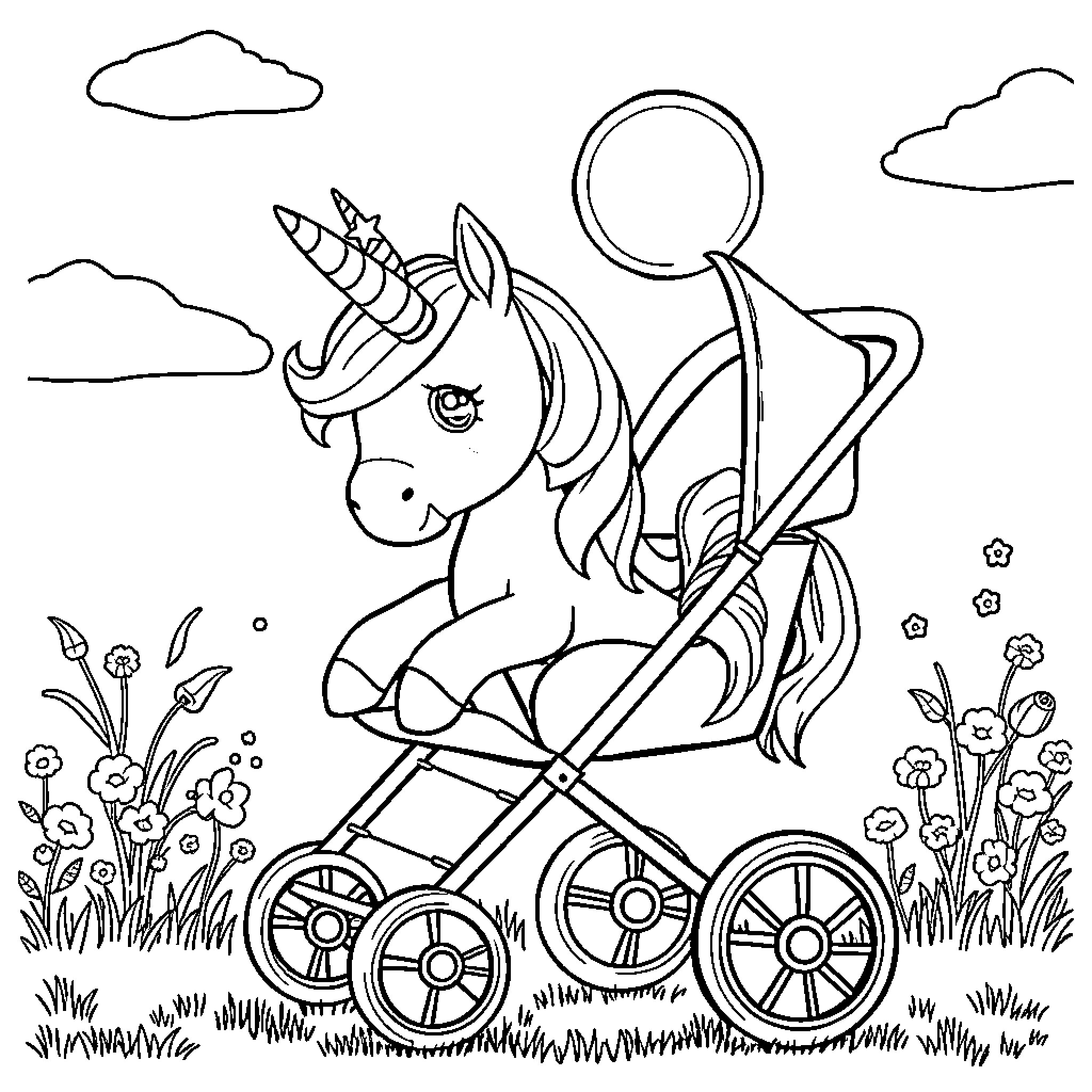 Unicorn riding in a whimsical stroller with flowers Coloring Page (free black-and-white line drawing printable PDF for all, from beginners to advanced learners, including children, teens, adults, and seniors)