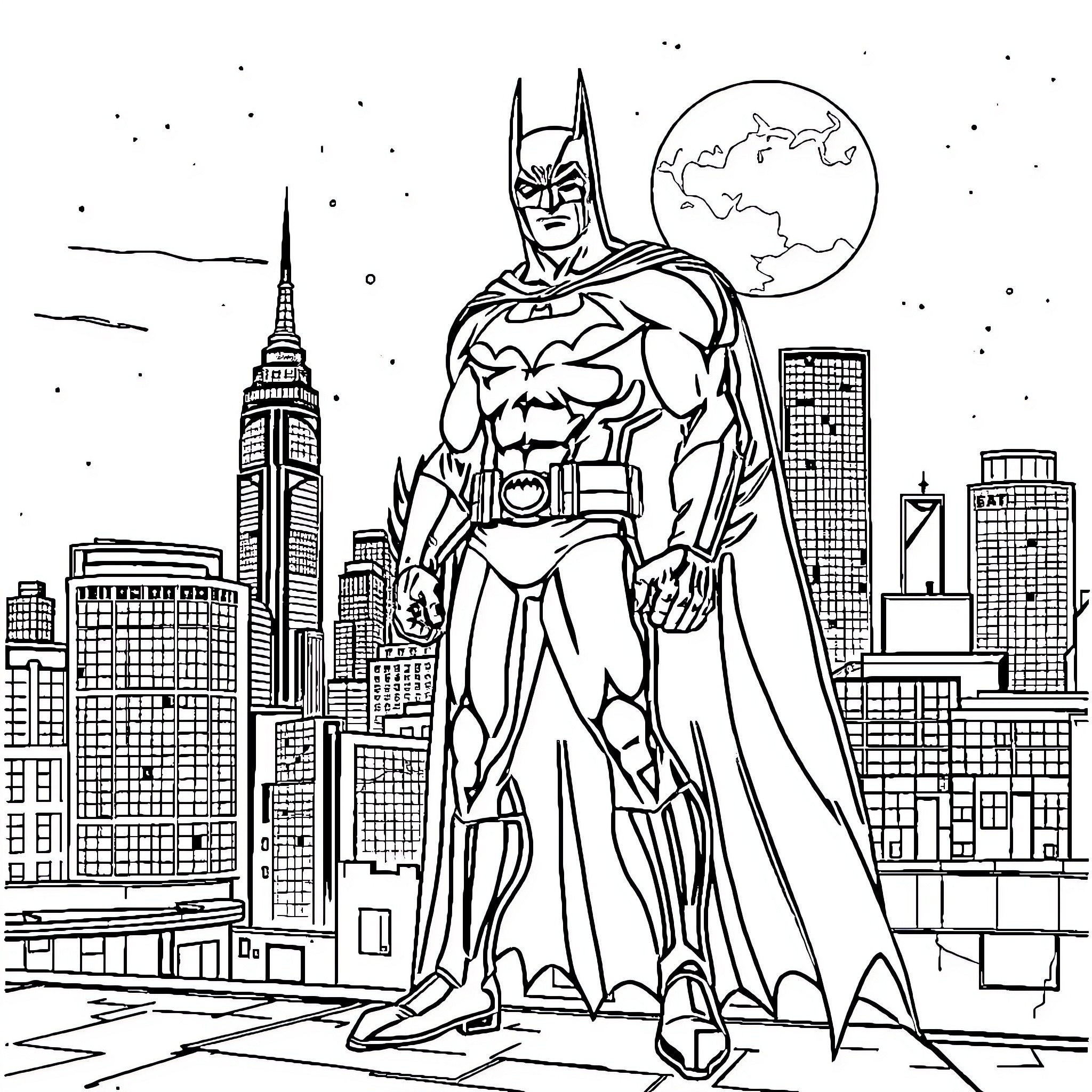 Batman standing tall in the city skyline Coloring Page (free black-and-white line drawing printable PDF for all, from beginners to advanced learners, including children, teens, adults, and seniors)