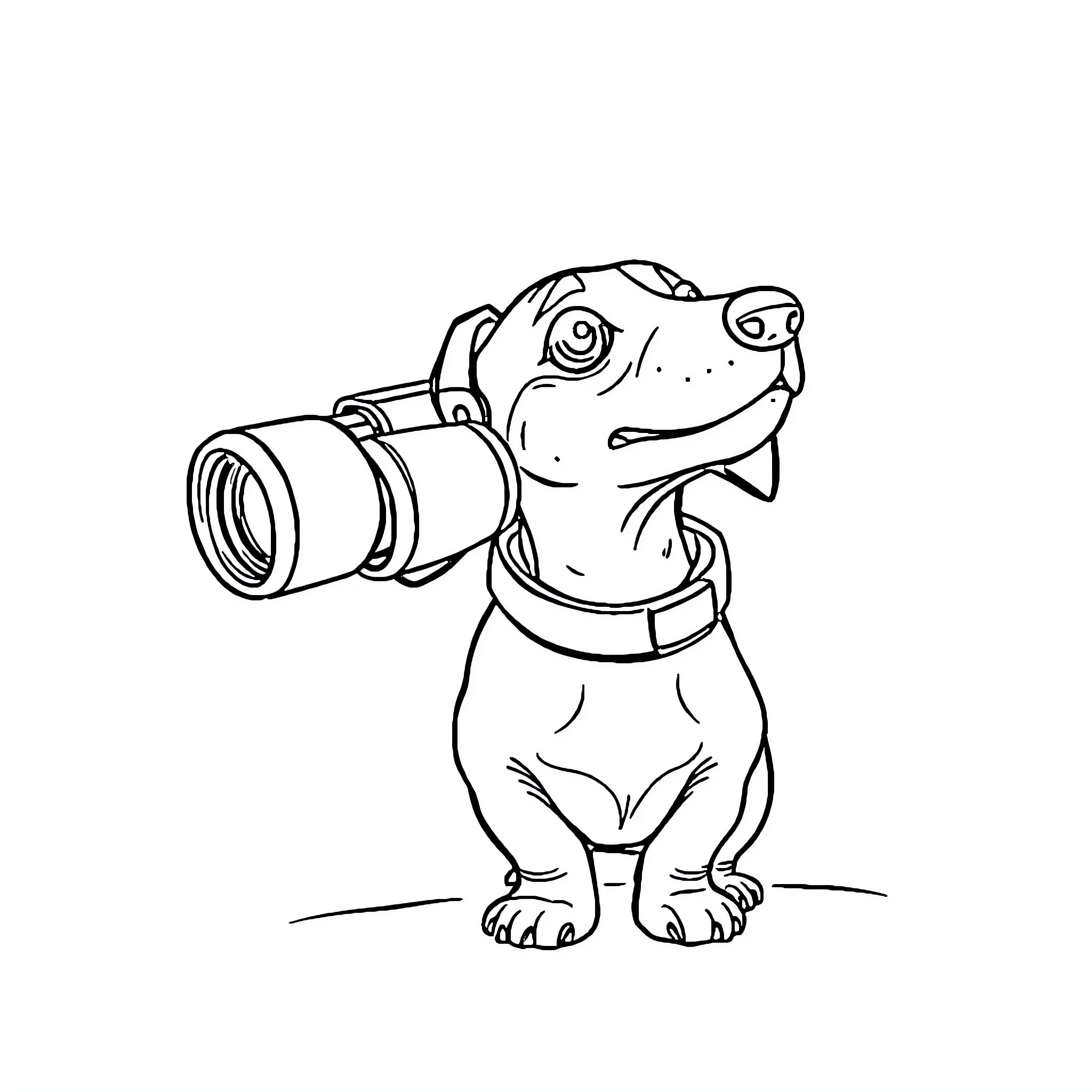 Dachshund exploring with binoculars Coloring Page (free black-and-white line drawing printable PDF for all, from beginners to advanced learners, including children, teens, adults, and seniors)