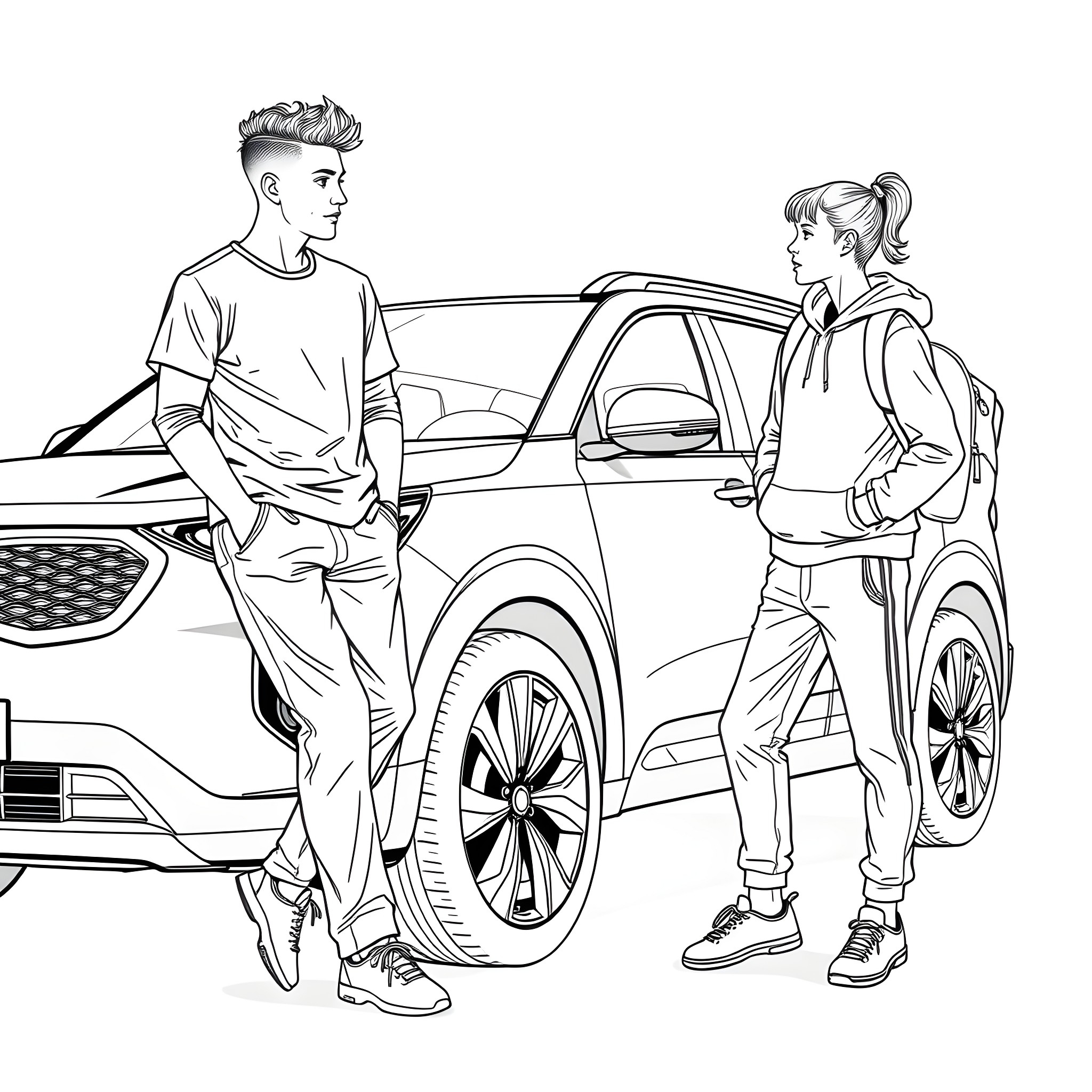 Teen Guy and Girl Chatting Next to Sports Car Coloring Page (free black-and-white line drawing printable PDF for all, from beginners to advanced learners, including children, teens, adults, and seniors)