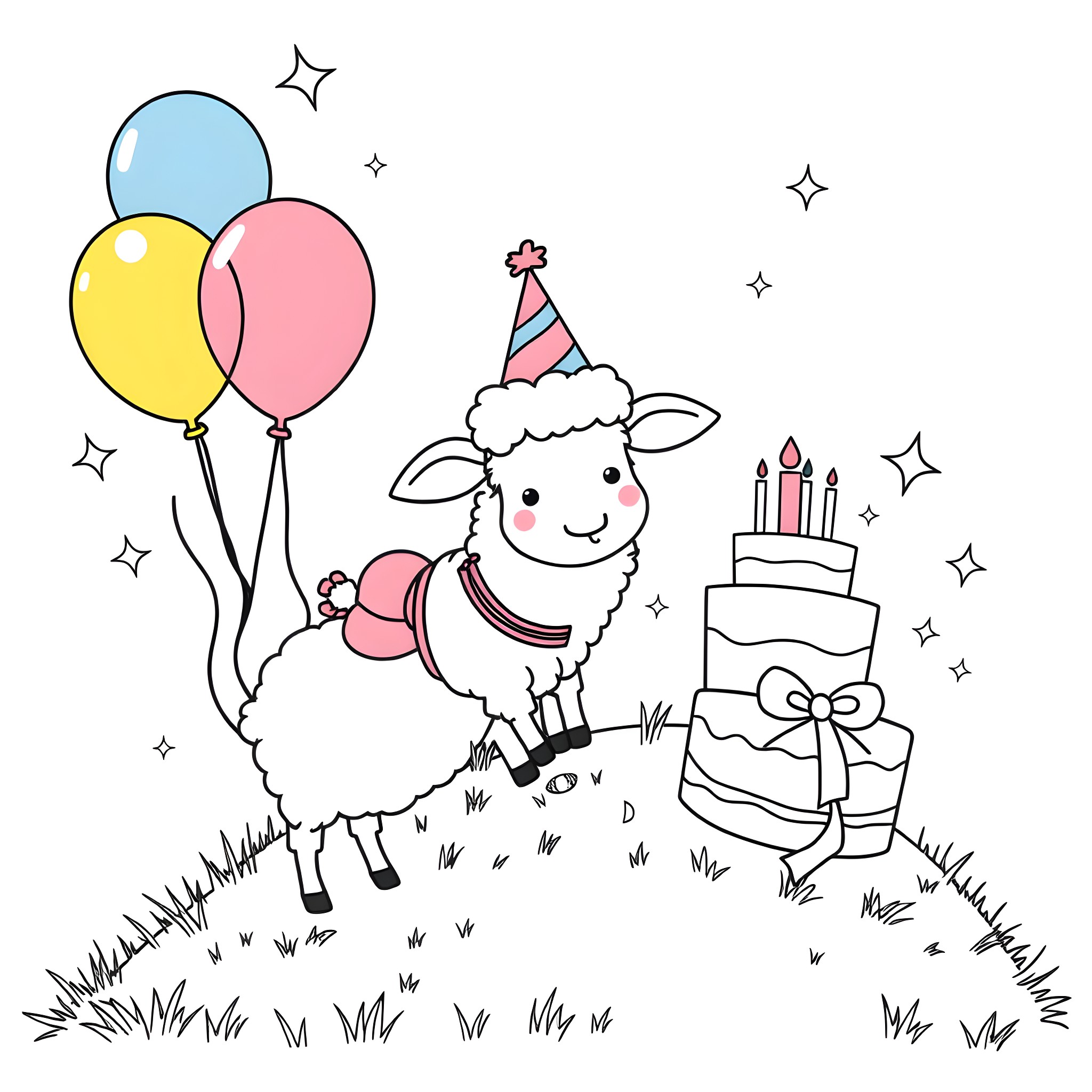 Sheep celebrating birthday with balloons and cake Coloring Page (free black-and-white line drawing printable PDF for all, from beginners to advanced learners, including children, teens, adults, and seniors)