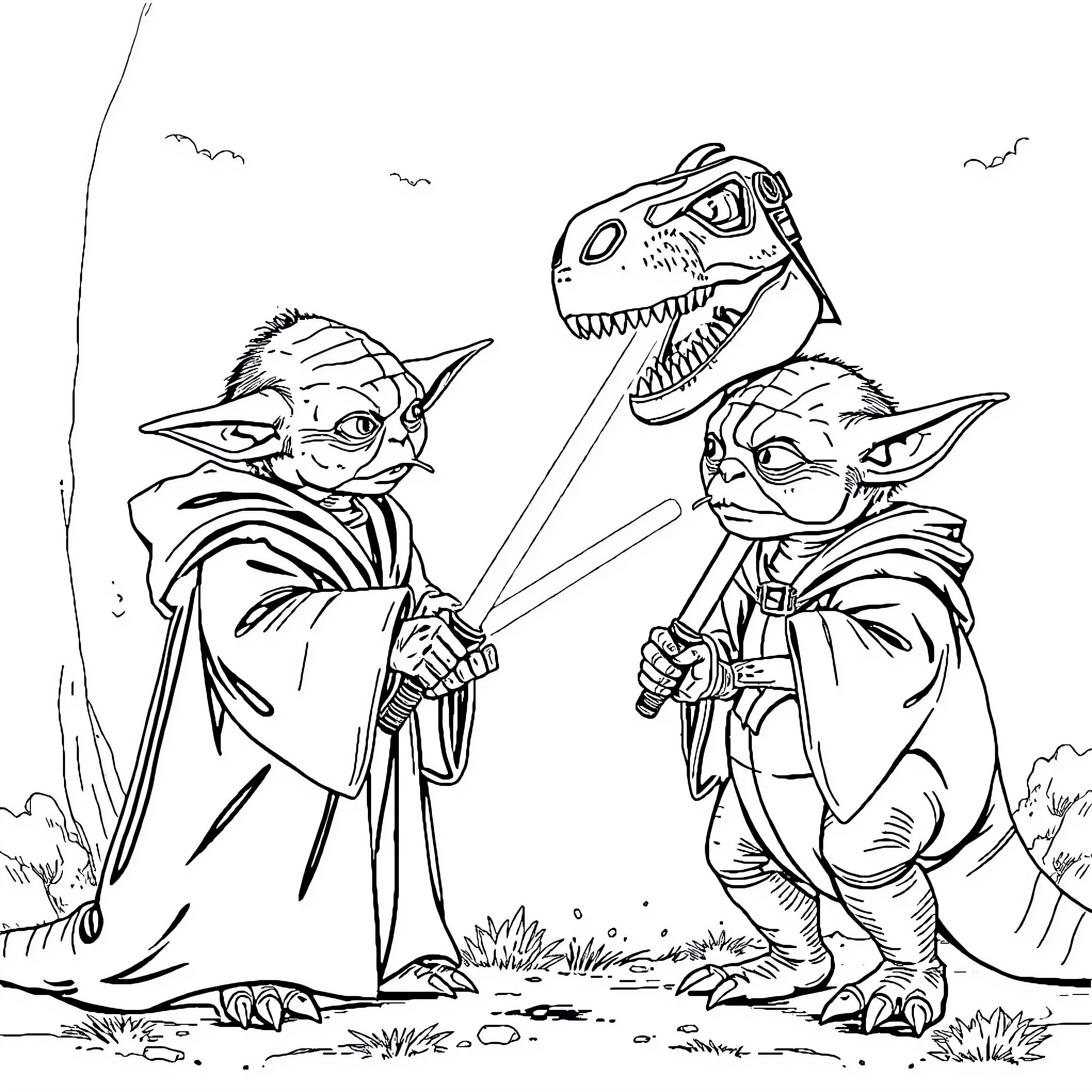 Yoda and friends explore the galaxy with lightsabers Coloring Page (free black-and-white line drawing printable PDF for all, from beginners to advanced learners, including children, teens, adults, and seniors)