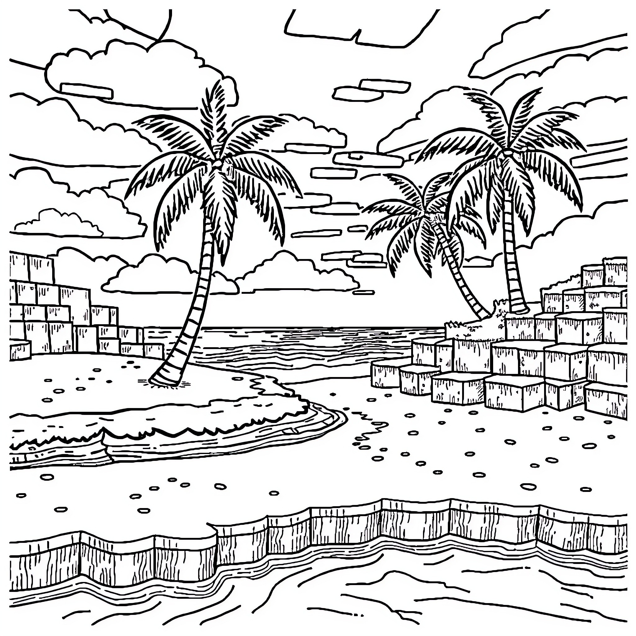 Minecraft tropical island scene with palm trees Coloring Page (free black-and-white line drawing printable PDF for all, from beginners to advanced learners, including children, teens, adults, and seniors)