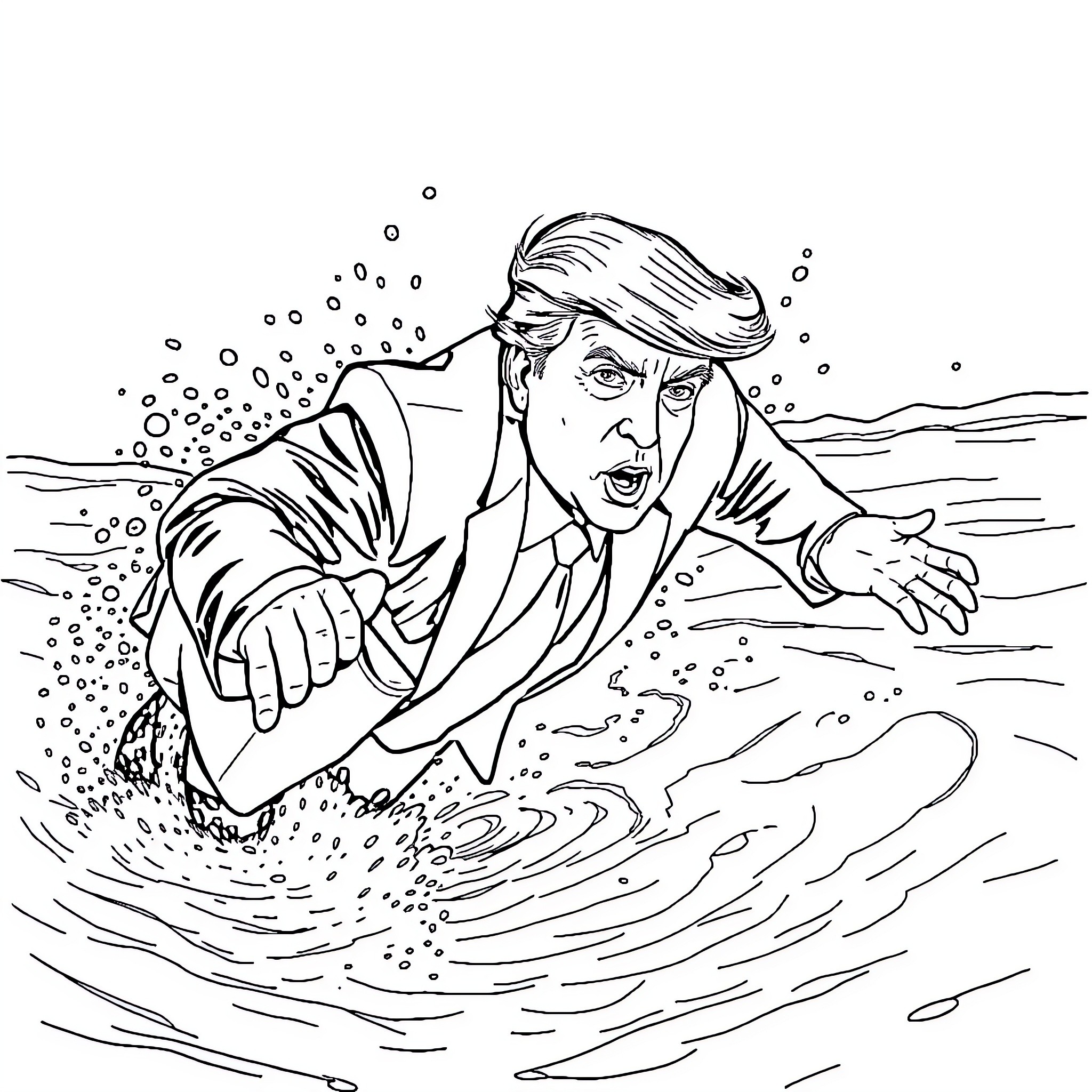 Donald Trump struggling in stormy waters Coloring Page (free black-and-white line drawing printable PDF for all, from beginners to advanced learners, including children, teens, adults, and seniors)