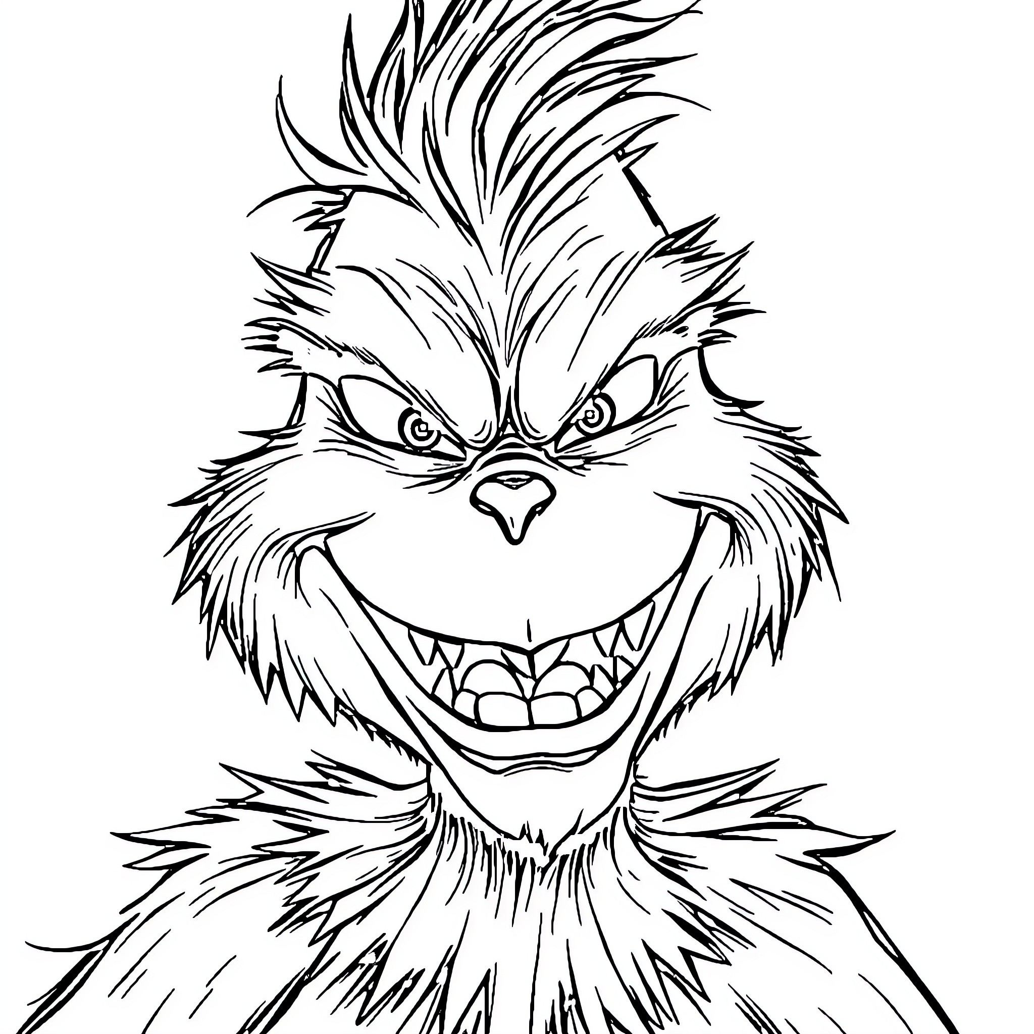 Grinch making a menacing expression Coloring Page (free black-and-white line drawing printable PDF for all, from beginners to advanced learners, including children, teens, adults, and seniors)