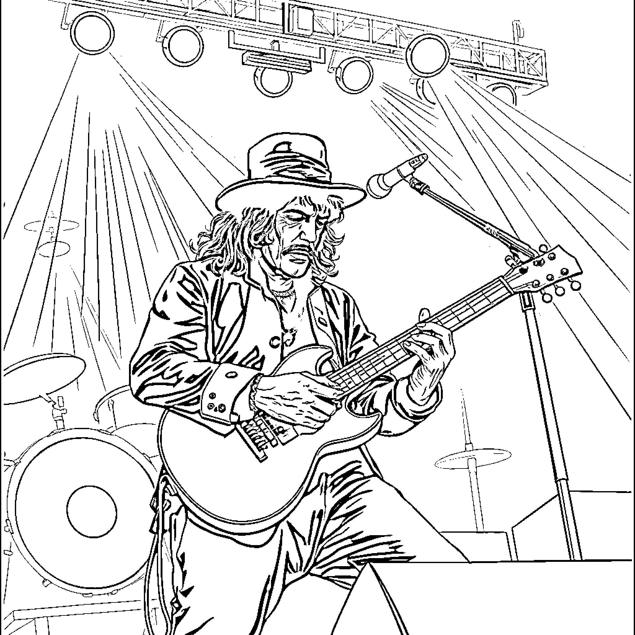 Lemmy rocking out on stage with guitar Coloring Page (free black-and-white line drawing printable PDF for all, from beginners to advanced learners, including children, teens, adults, and seniors)