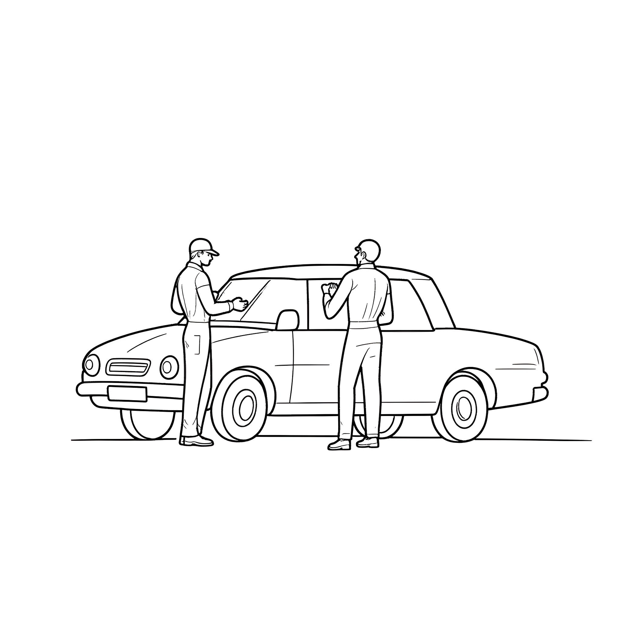 Car mechanics discussing vehicle issues Coloring Page (free black-and-white line drawing printable PDF for all, from beginners to advanced learners, including children, teens, adults, and seniors)