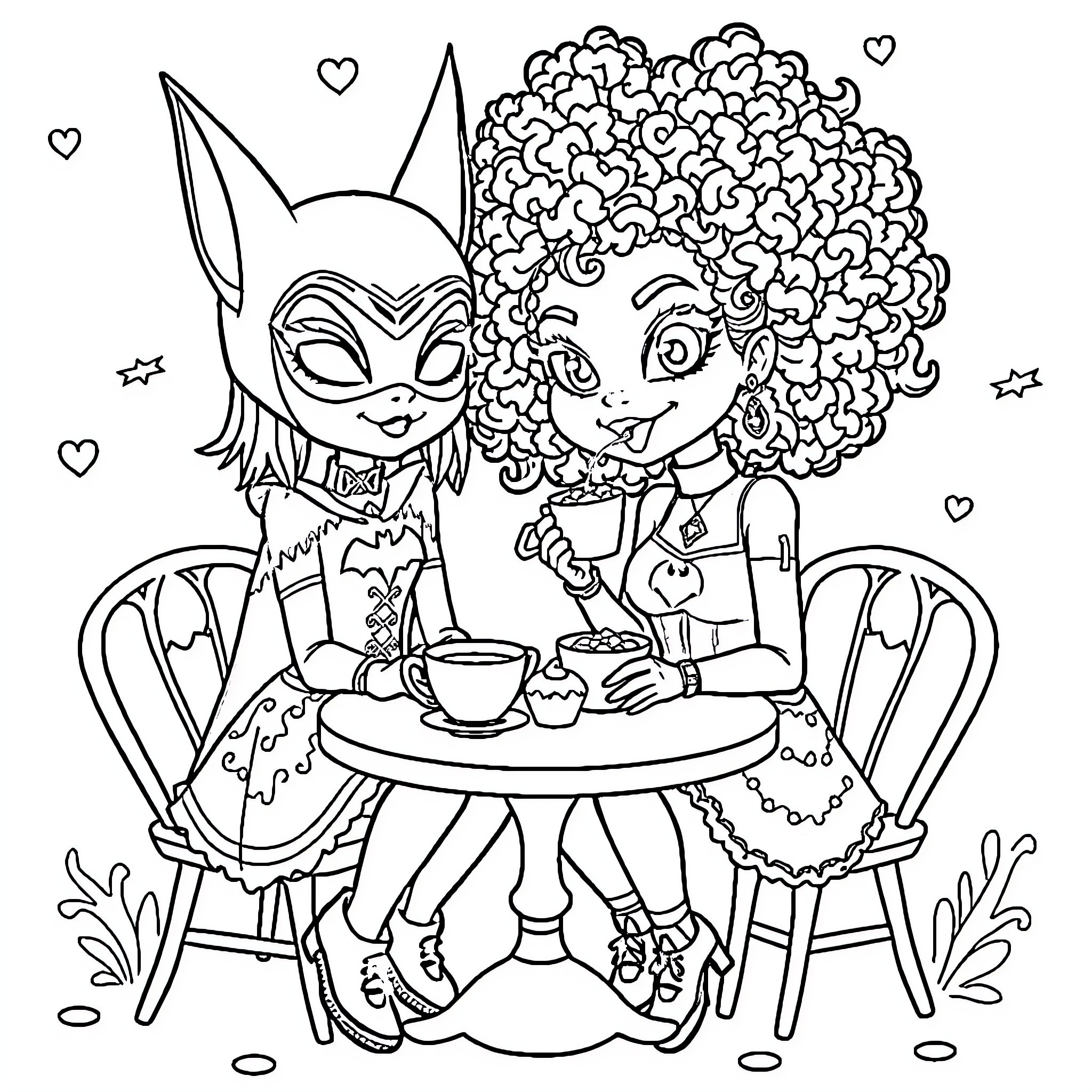 Batgirl and friend enjoying a tea party Coloring Page (free black-and-white line drawing printable PDF for all, from beginners to advanced learners, including children, teens, adults, and seniors)