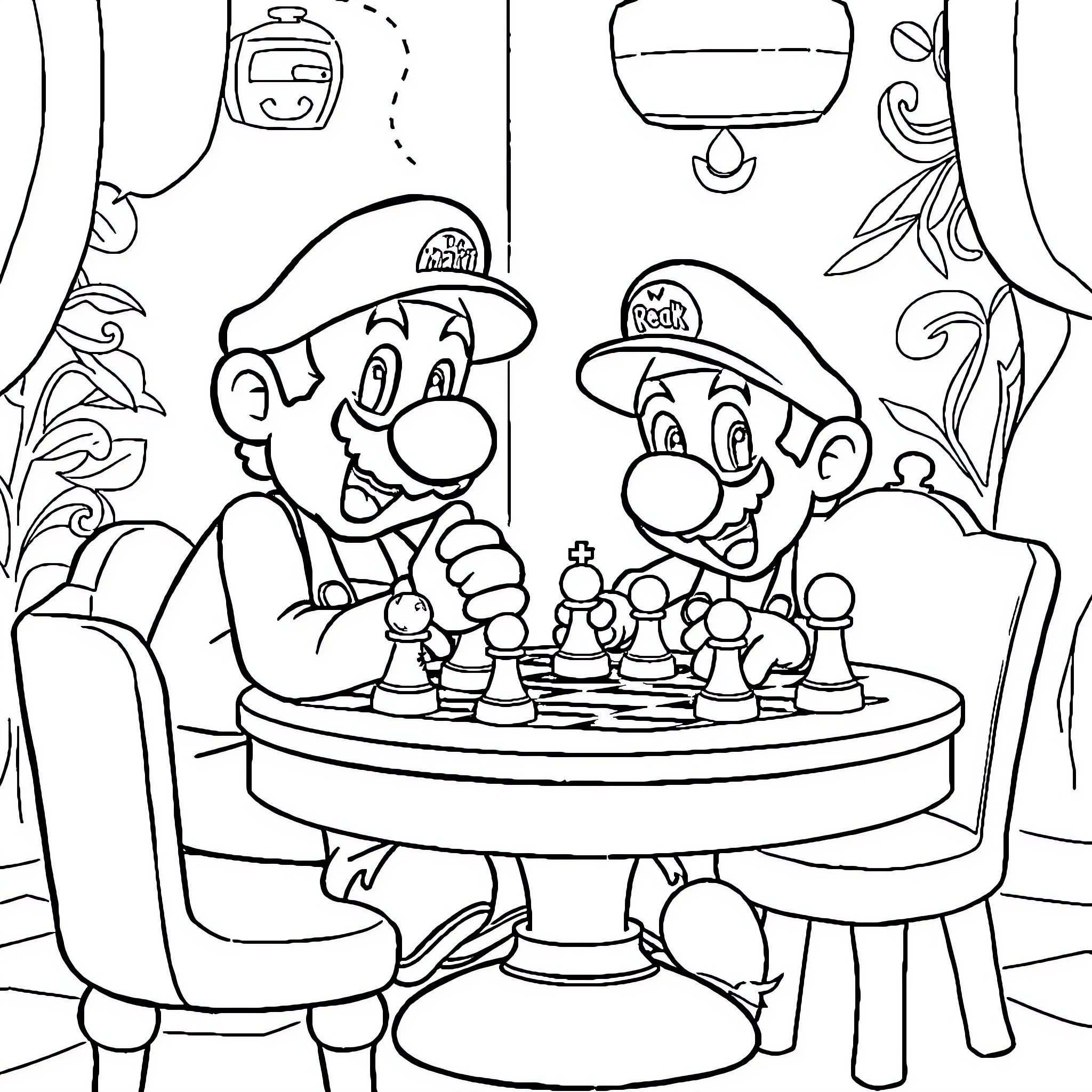 Super Mario Brothers Playing Chess Together Coloring Page (free black-and-white line drawing printable PDF for all, from beginners to advanced learners, including children, teens, adults, and seniors)