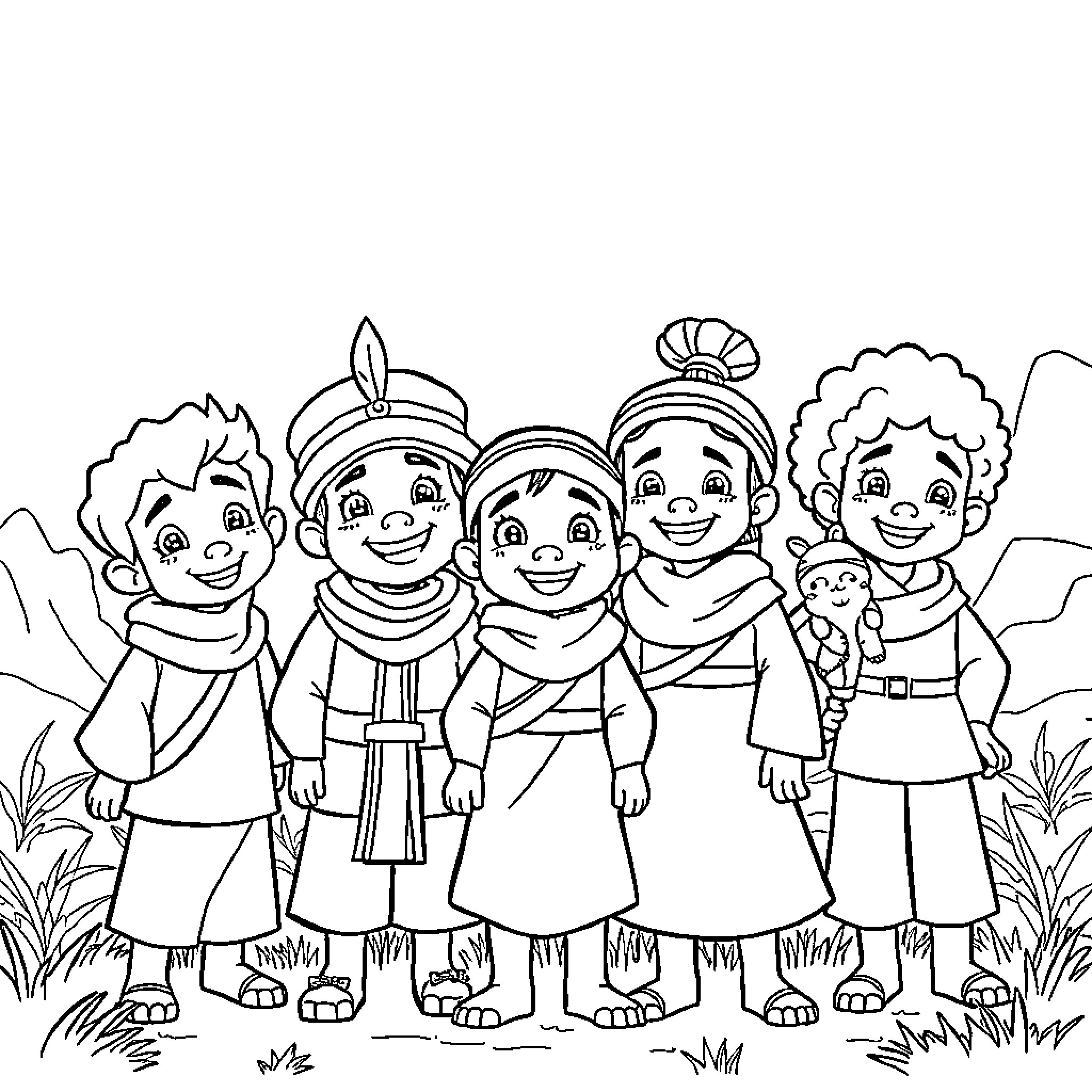 Kiya and Her Diverse Friends Enjoying the Outdoors Coloring Page (free black-and-white line drawing printable PDF for all, from beginners to advanced learners, including children, teens, adults, and seniors)