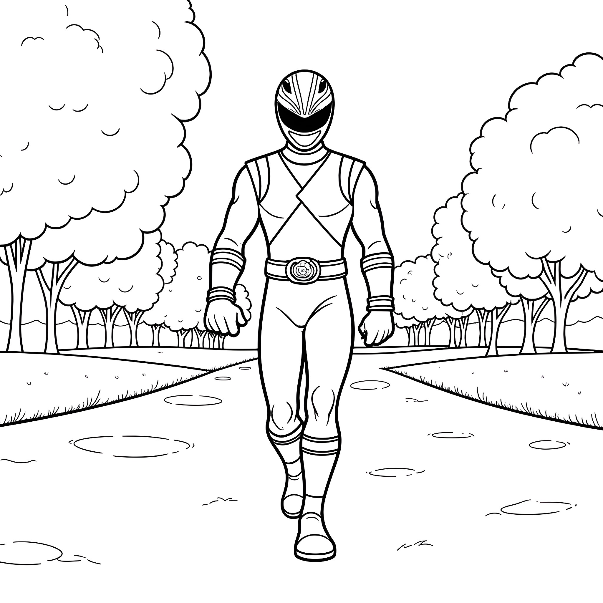 Power Ranger hero standing in nature Coloring Page (free black-and-white line drawing printable PDF for all, from beginners to advanced learners, including children, teens, adults, and seniors)