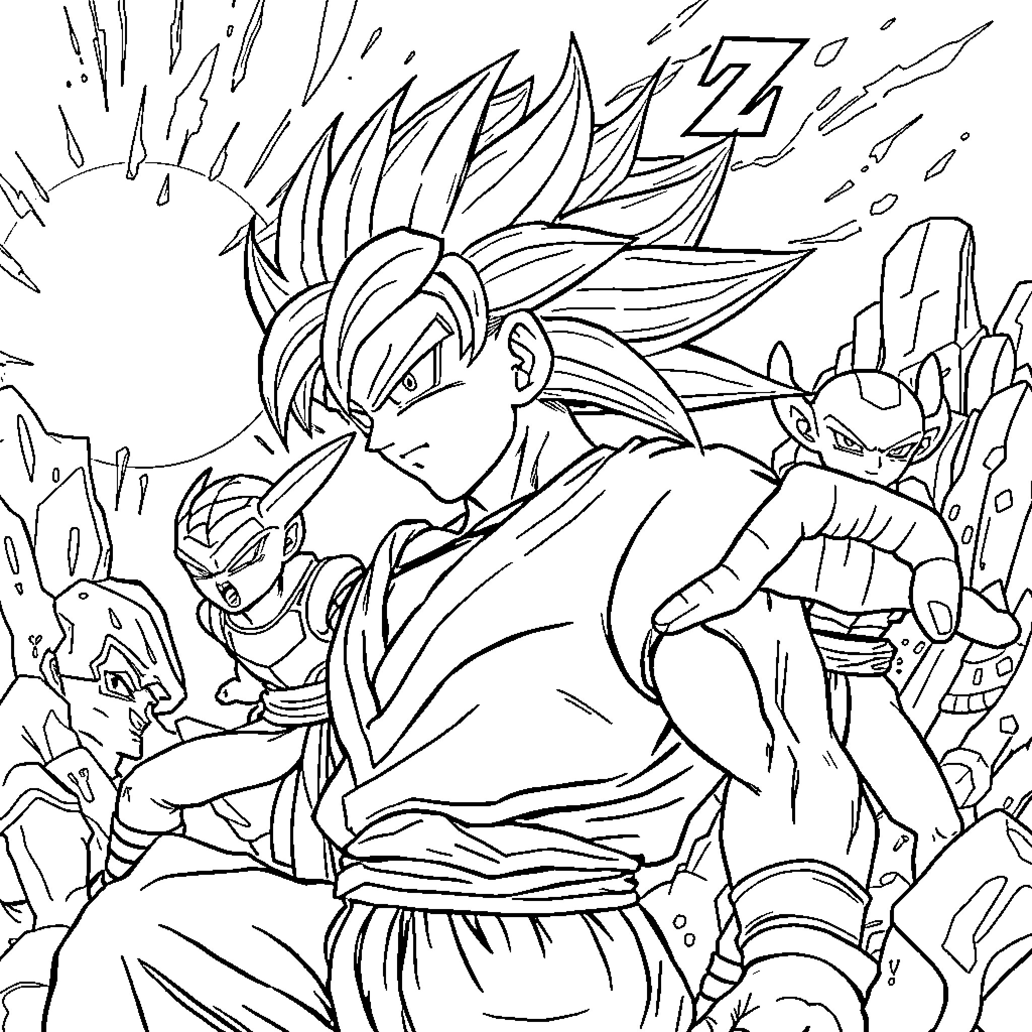 Dragon Ball: Warrior's Intense Battle Stance Coloring Page (free black-and-white line drawing printable PDF for all, from beginners to advanced learners, including children, teens, adults, and seniors)