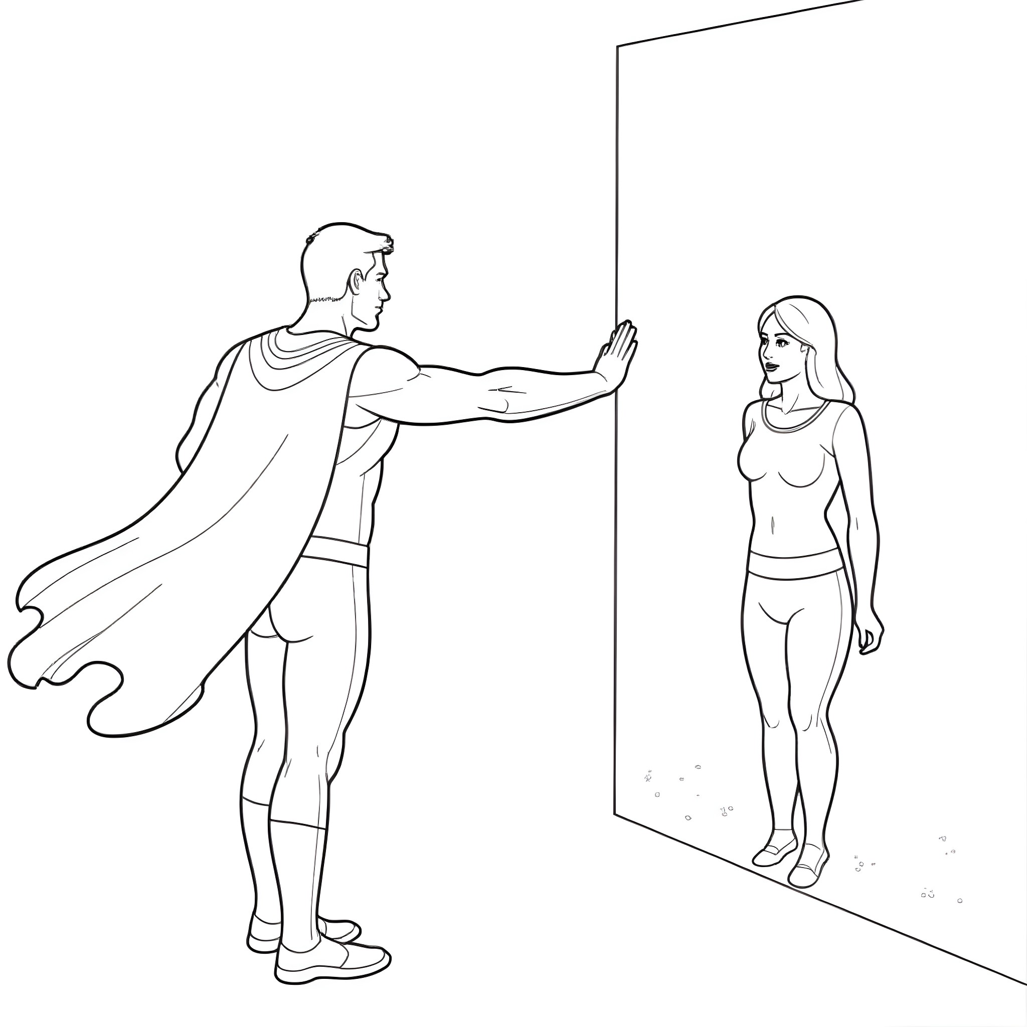 Superman saving a woman in distress Coloring Page (free black-and-white line drawing printable PDF for all, from beginners to advanced learners, including children, teens, adults, and seniors)