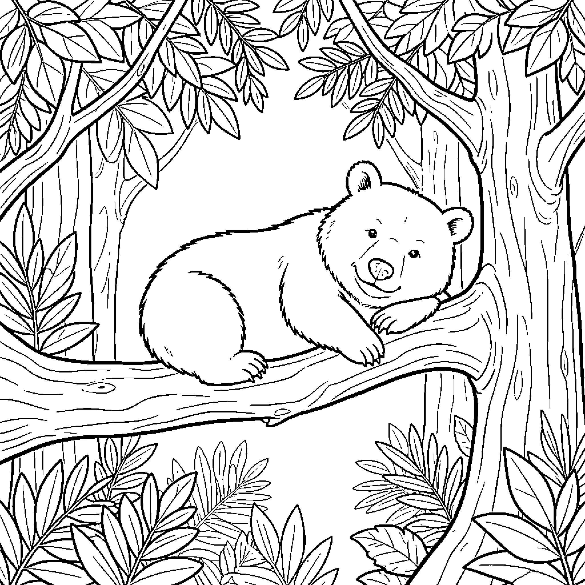 Sloth resting peacefully in the forest Coloring Page (free black-and-white line drawing printable PDF for all, from beginners to advanced learners, including children, teens, adults, and seniors)