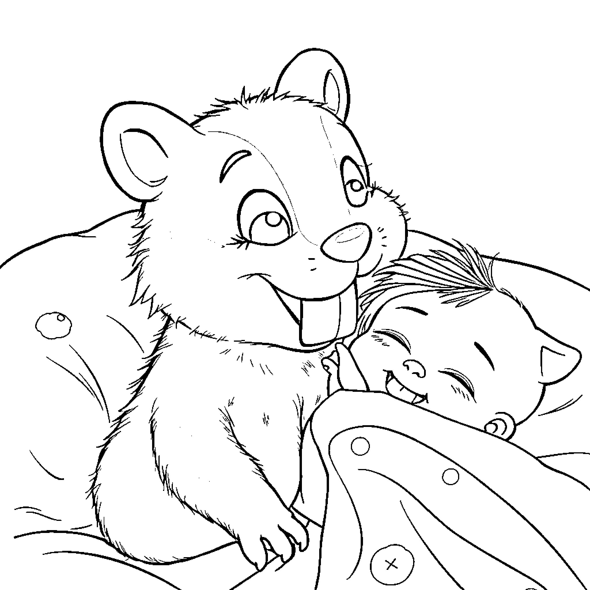 Mouse cuddling lovingly with friend in cozy setting Coloring Page (free black-and-white line drawing printable PDF for all, from beginners to advanced learners, including children, teens, adults, and seniors)