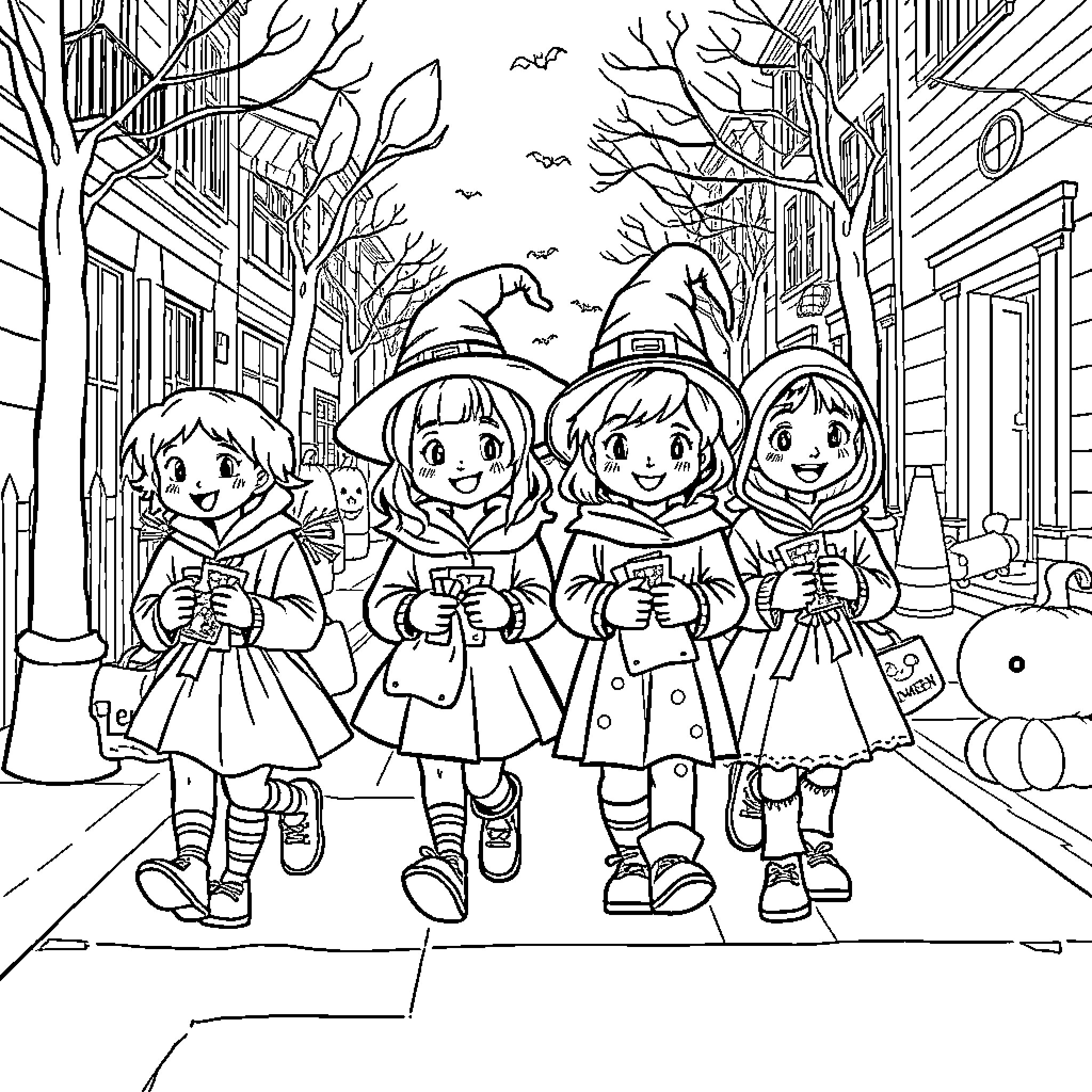 Trick or Treaters walking down a spooky street Coloring Page (free black-and-white line drawing printable PDF for all, from beginners to advanced learners, including children, teens, adults, and seniors)