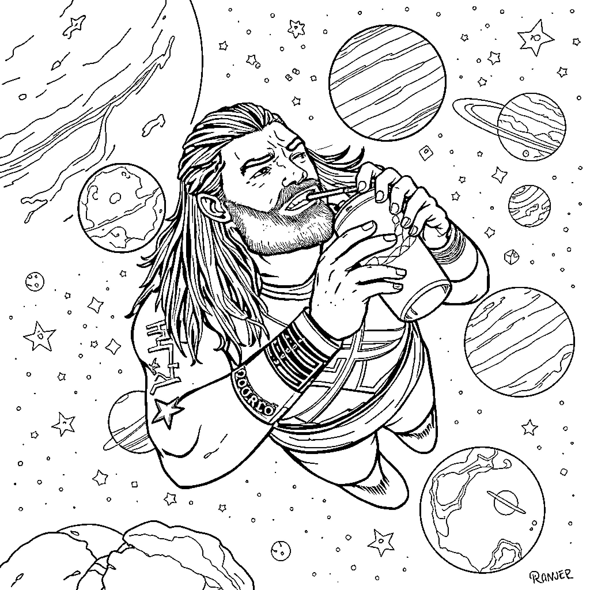 Roman Reigns exploring the cosmic universe Coloring Page (free black-and-white line drawing printable PDF for all, from beginners to advanced learners, including children, teens, adults, and seniors)