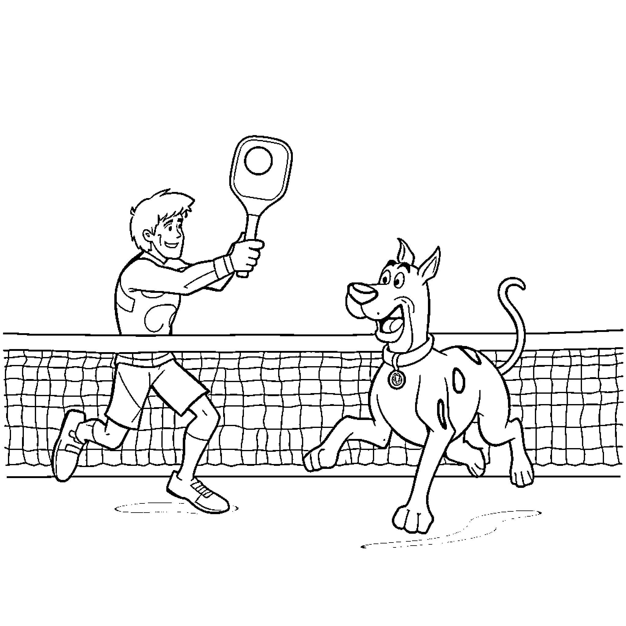 Captain Planet playing tennis with energetic cartoon dog Coloring Page (free black-and-white line drawing printable PDF for all, from beginners to advanced learners, including children, teens, adults, and seniors)