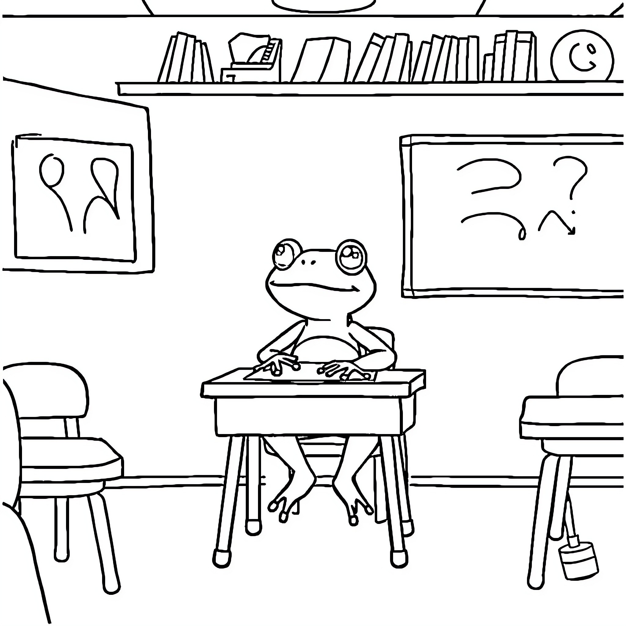Frog sitting at a school desk Coloring Page (free black-and-white line drawing printable PDF for all, from beginners to advanced learners, including children, teens, adults, and seniors)
