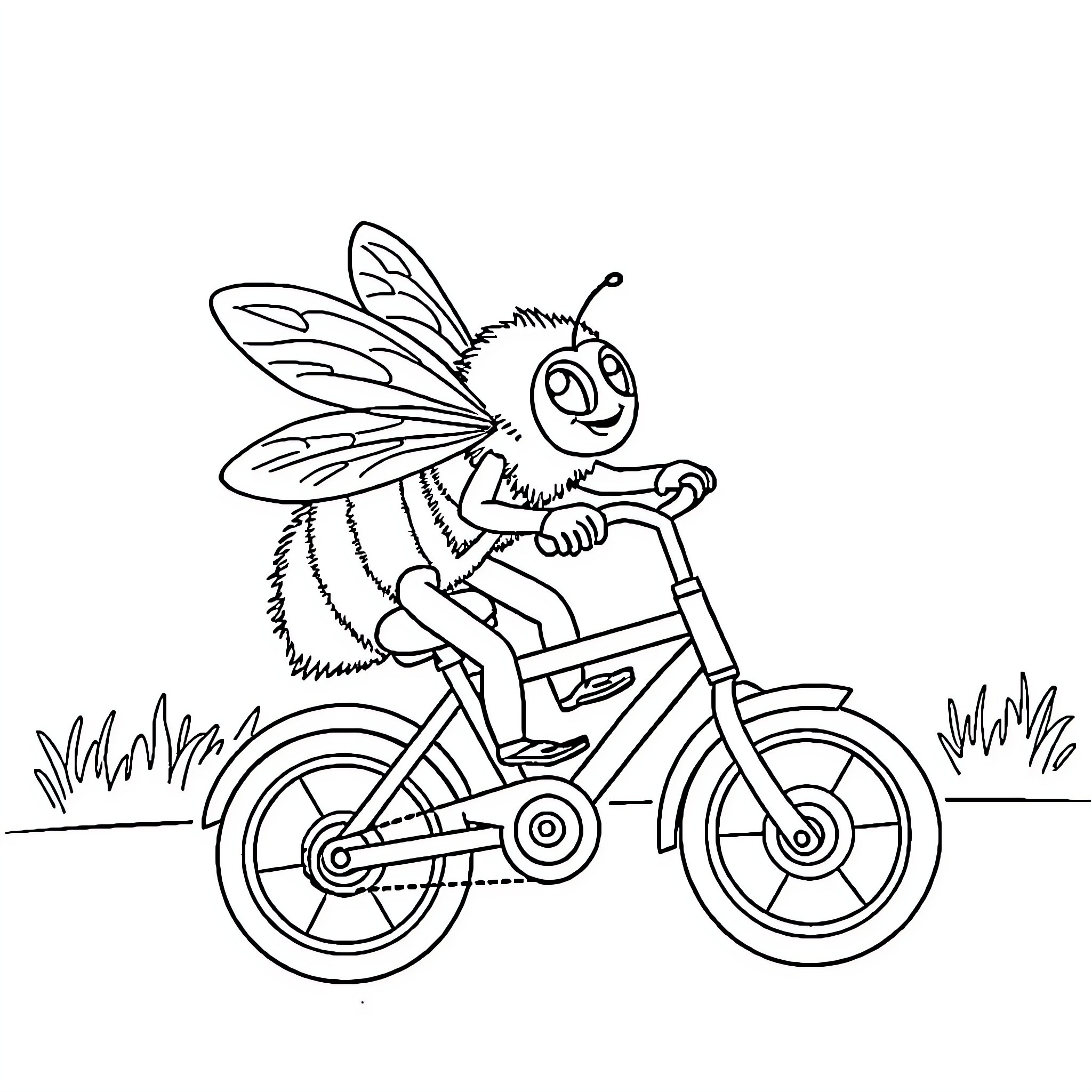 Bumblebee riding a bicycle in the meadow Coloring Page (free black-and-white line drawing printable PDF for all, from beginners to advanced learners, including children, teens, adults, and seniors)