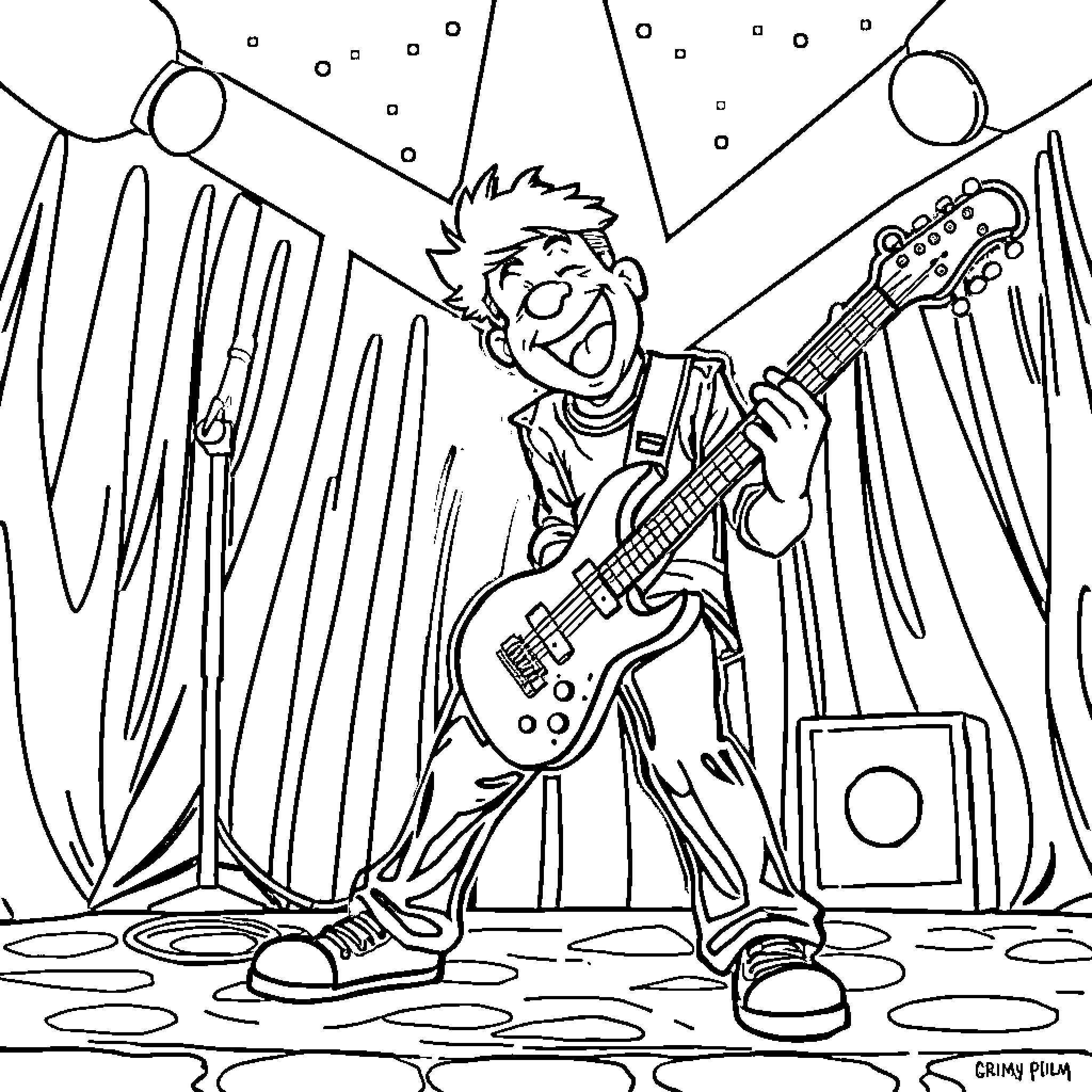 Plim Plim Energetic Musician Rocking Out on Stage Coloring Page (free black-and-white line drawing printable PDF for all, from beginners to advanced learners, including children, teens, adults, and seniors)