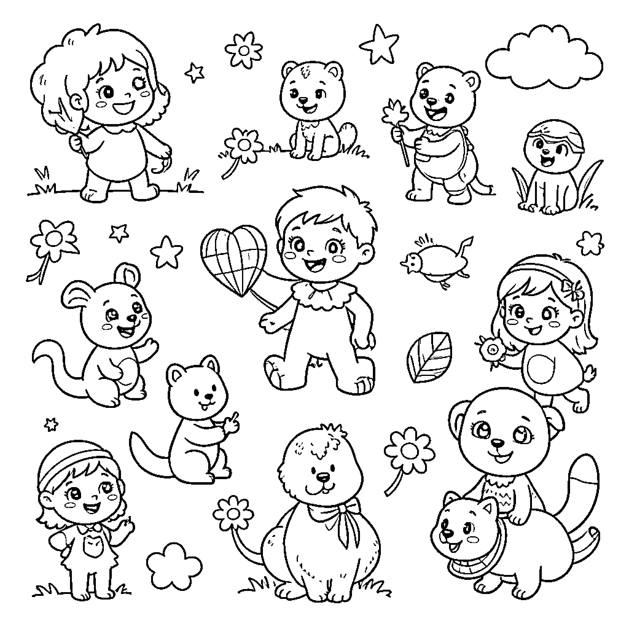 Drawings of happy children and cute animals playing Coloring Page (free black-and-white line drawing printable PDF for all, from beginners to advanced learners, including children, teens, adults, and seniors)