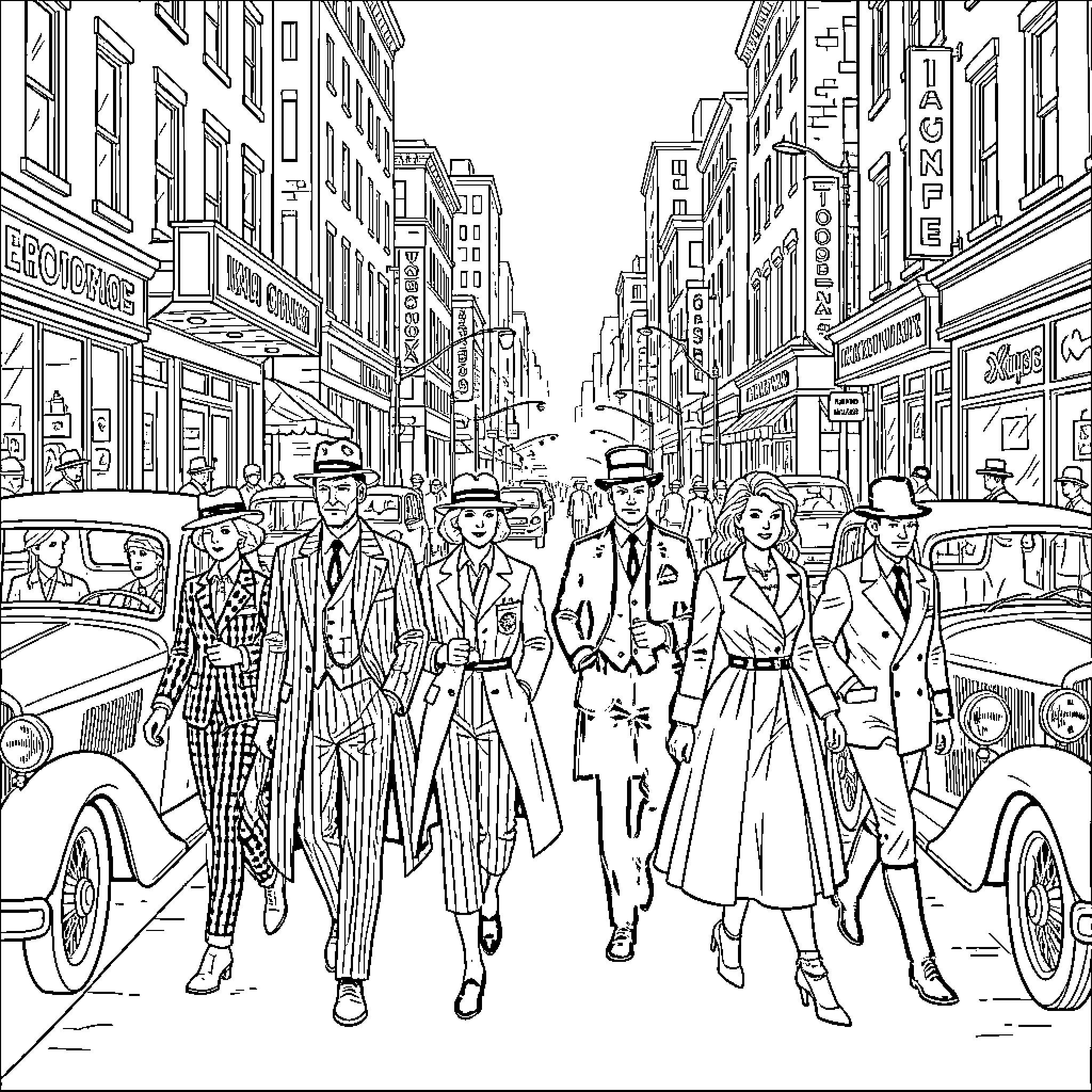 X-Men characters walking through a busy city street Coloring Page (free black-and-white line drawing printable PDF for all, from beginners to advanced learners, including children, teens, adults, and seniors)