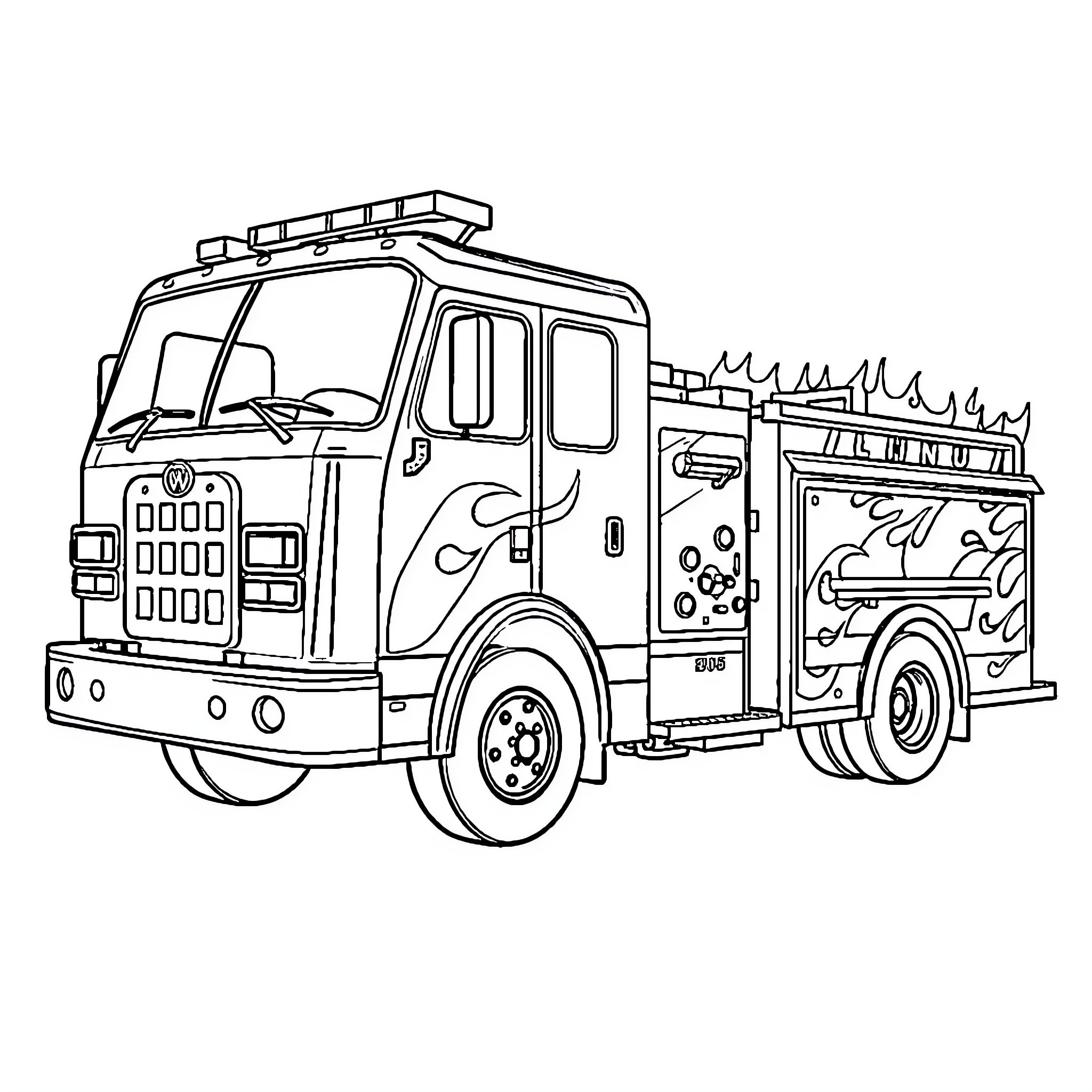 Fire Truck Responding to Emergency with Flashing Lights Coloring Page (free black-and-white line drawing printable PDF for all, from beginners to advanced learners, including children, teens, adults, and seniors)