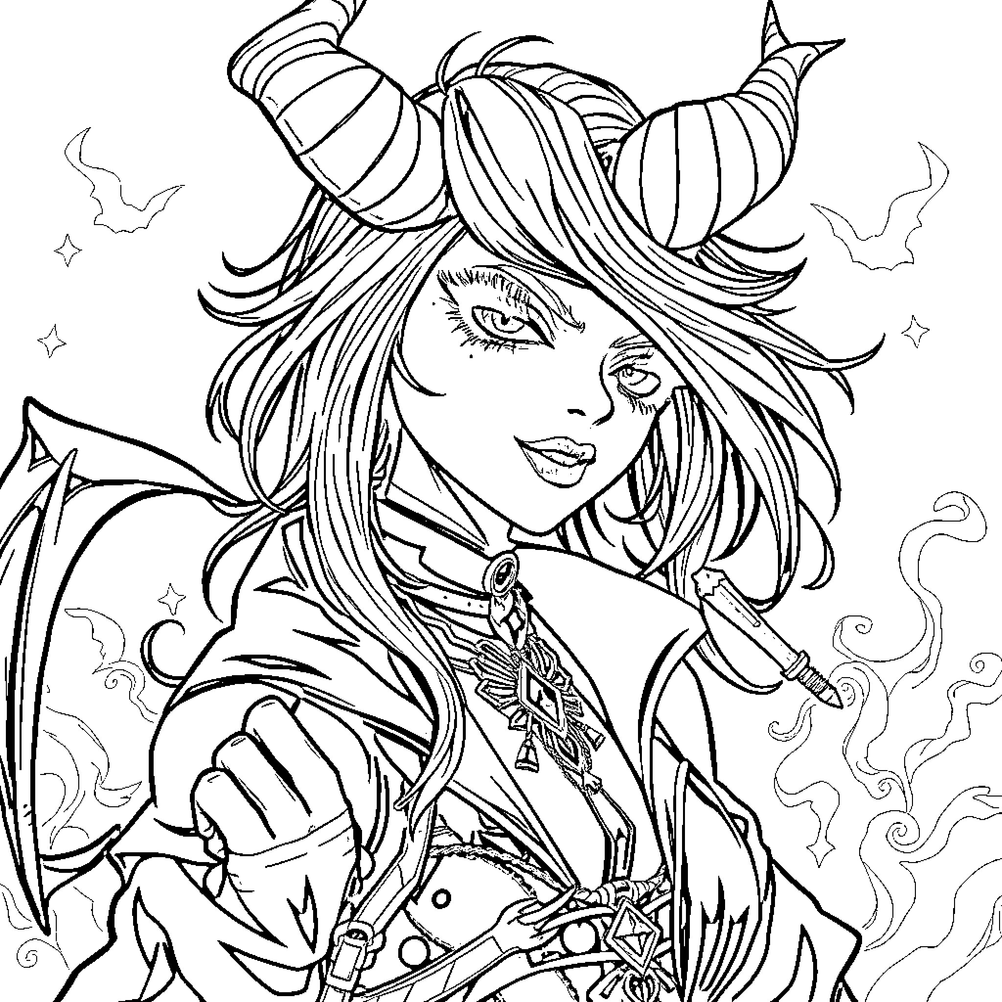 Demon Girl's Fantastical Fashion and Expression Coloring Page (free black-and-white line drawing printable PDF for all, from beginners to advanced learners, including children, teens, adults, and seniors)
