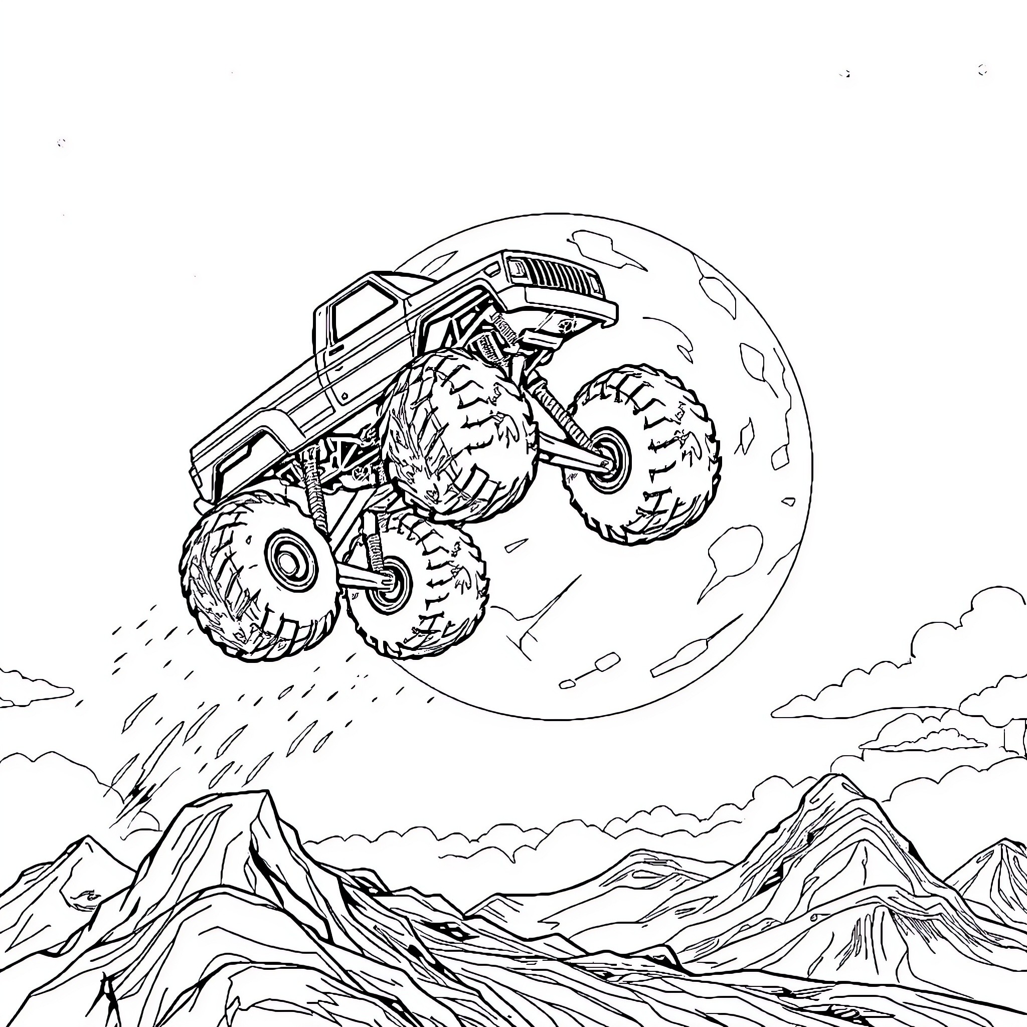 Monster Truck Defying Gravity Over Rugged Terrain Coloring Page (free black-and-white line drawing printable PDF for all, from beginners to advanced learners, including children, teens, adults, and seniors)