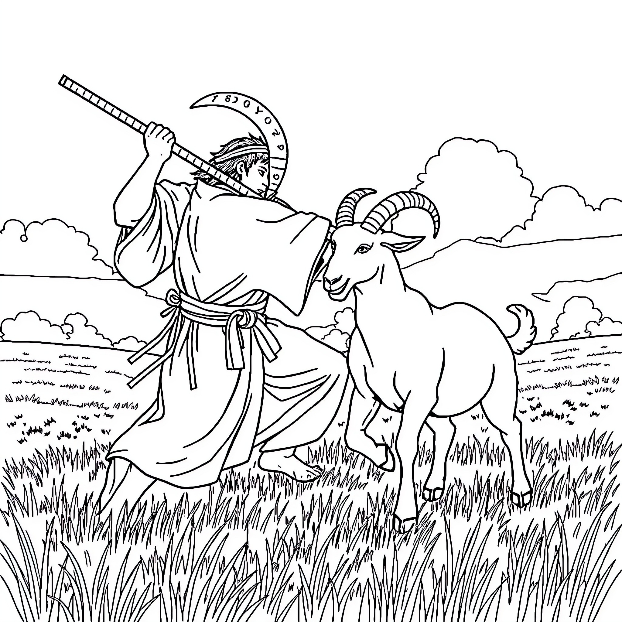 Sangoku's Journey with a Mystical Goat in the Countryside Coloring Page (free black-and-white line drawing printable PDF for all, from beginners to advanced learners, including children, teens, adults, and seniors)