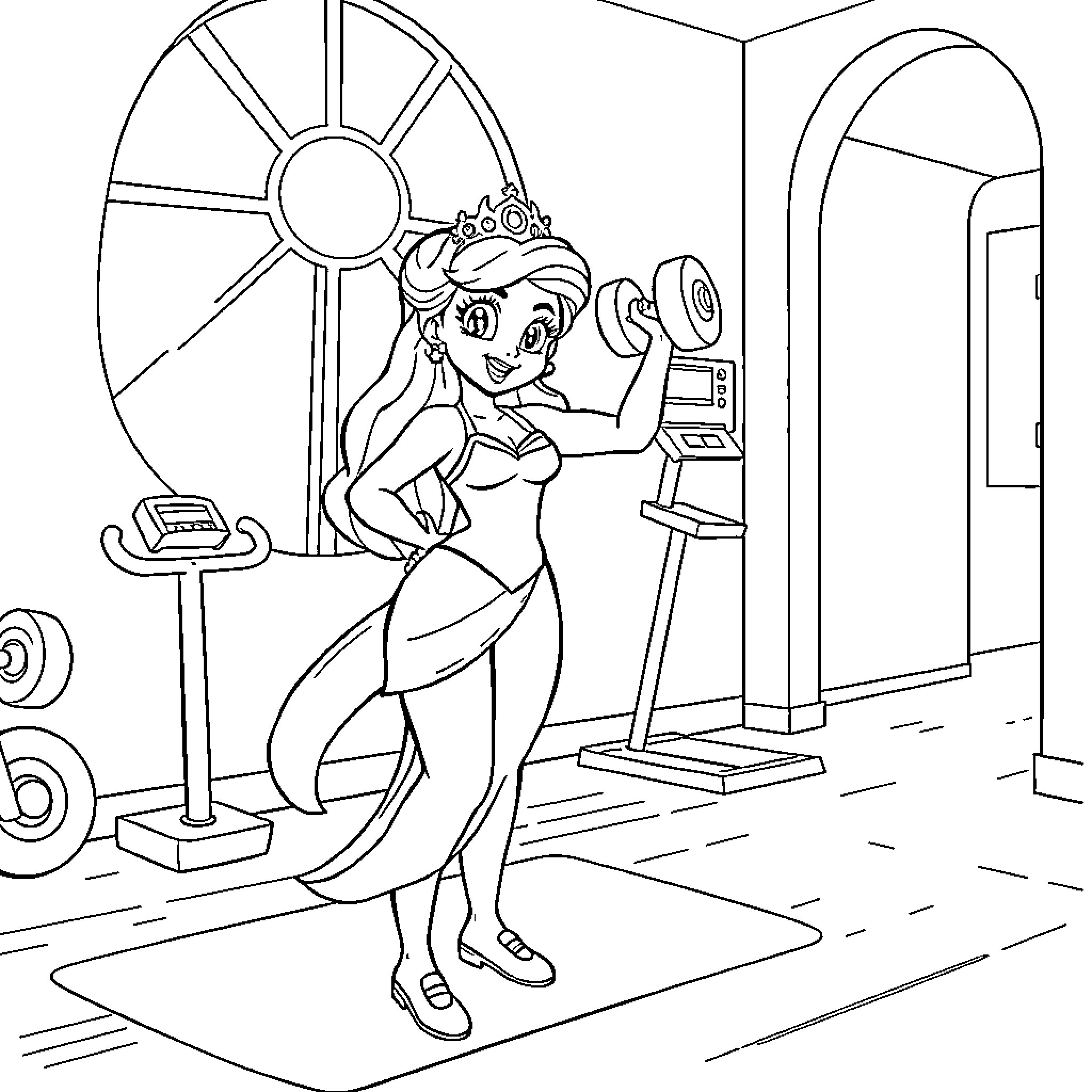 Princess exercising at the gym Coloring Page (free black-and-white line drawing printable PDF for all, from beginners to advanced learners, including children, teens, adults, and seniors)