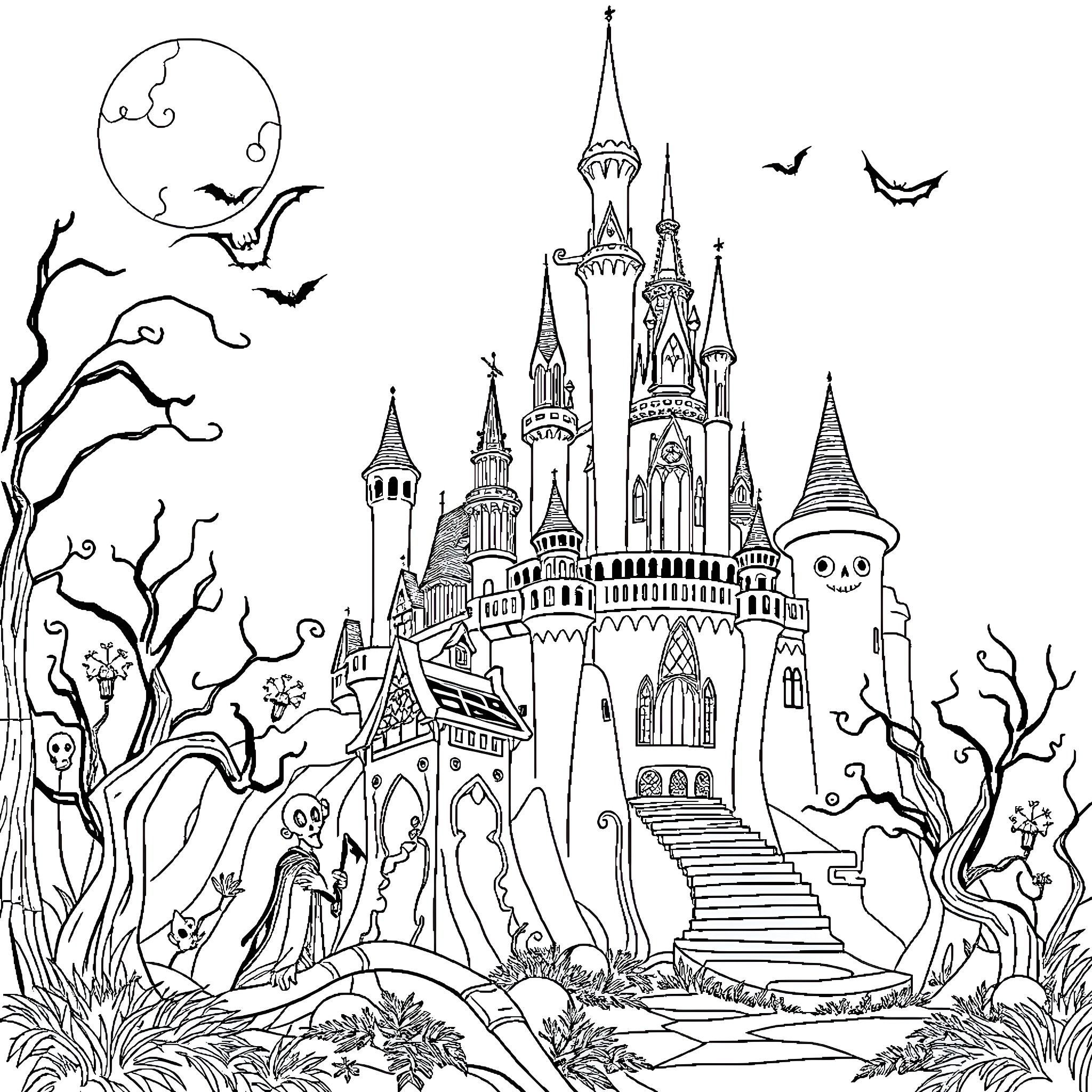 Horror Disney Castle with Haunting Atmosphere Coloring Page (free black-and-white line drawing printable PDF for all, from beginners to advanced learners, including children, teens, adults, and seniors)