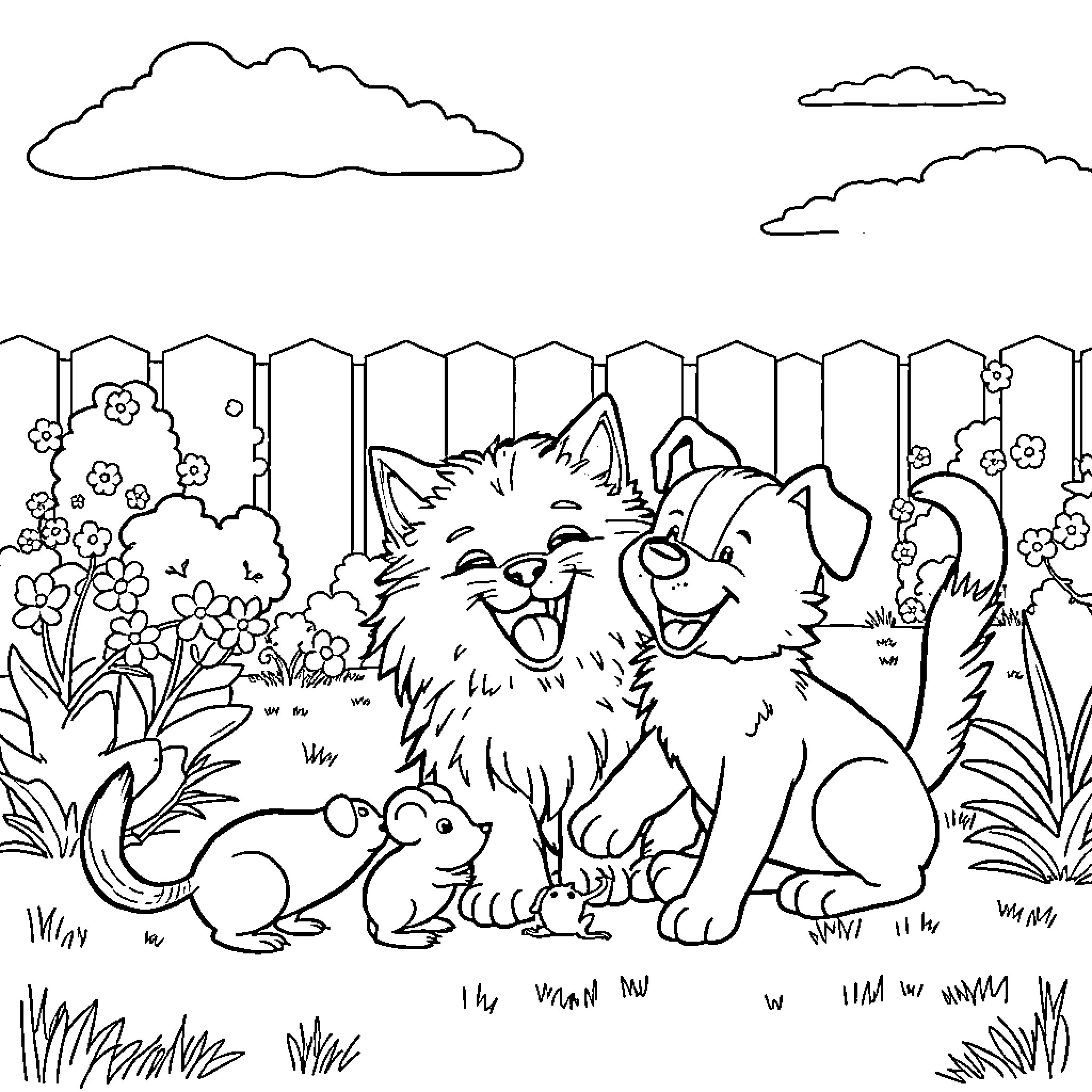 Cat friends playing together in the garden Coloring Page (free black-and-white line drawing printable PDF for all, from beginners to advanced learners, including children, teens, adults, and seniors)