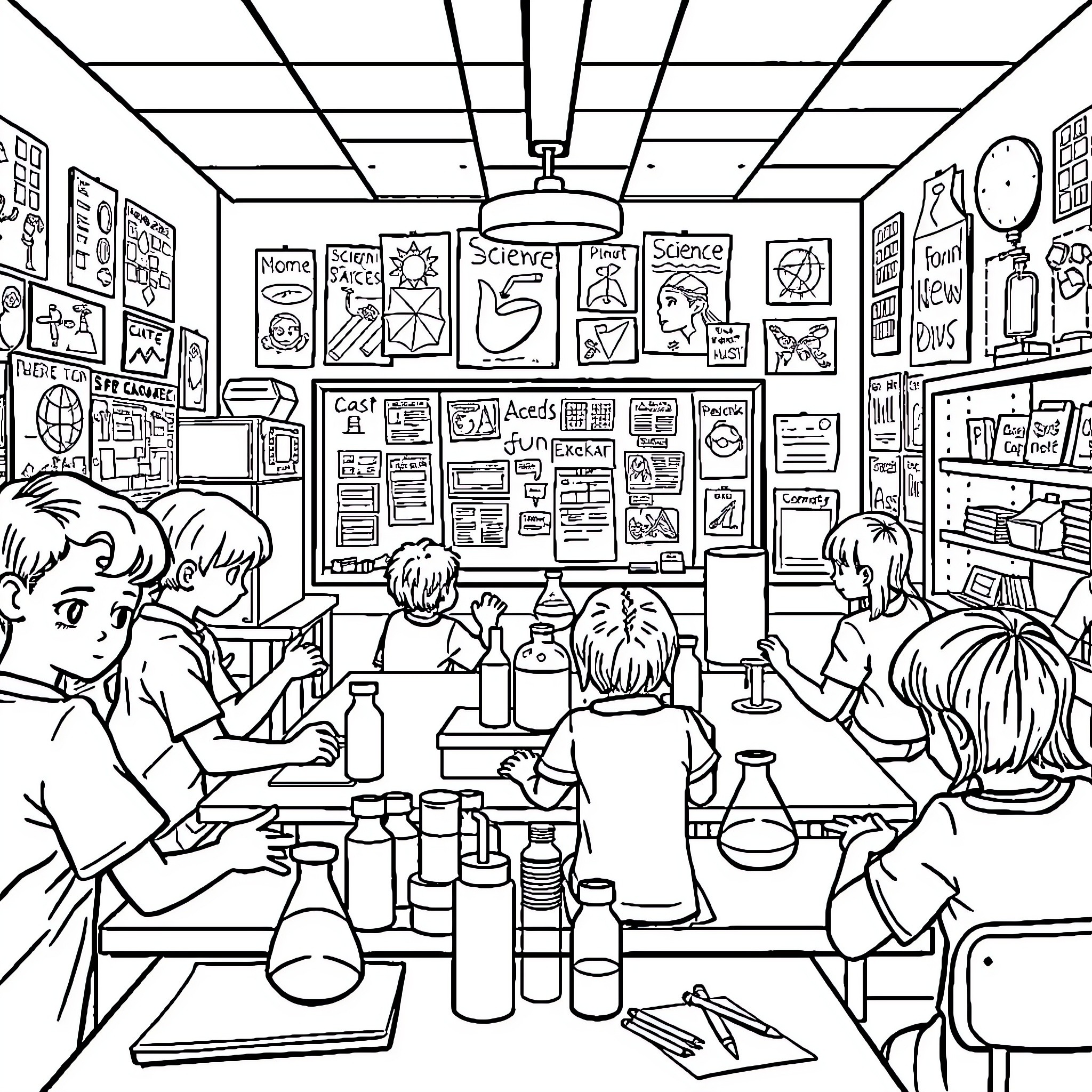 Science Students Conducting Experiments in a Classroom Coloring Page (free black-and-white line drawing printable PDF for all, from beginners to advanced learners, including children, teens, adults, and seniors)