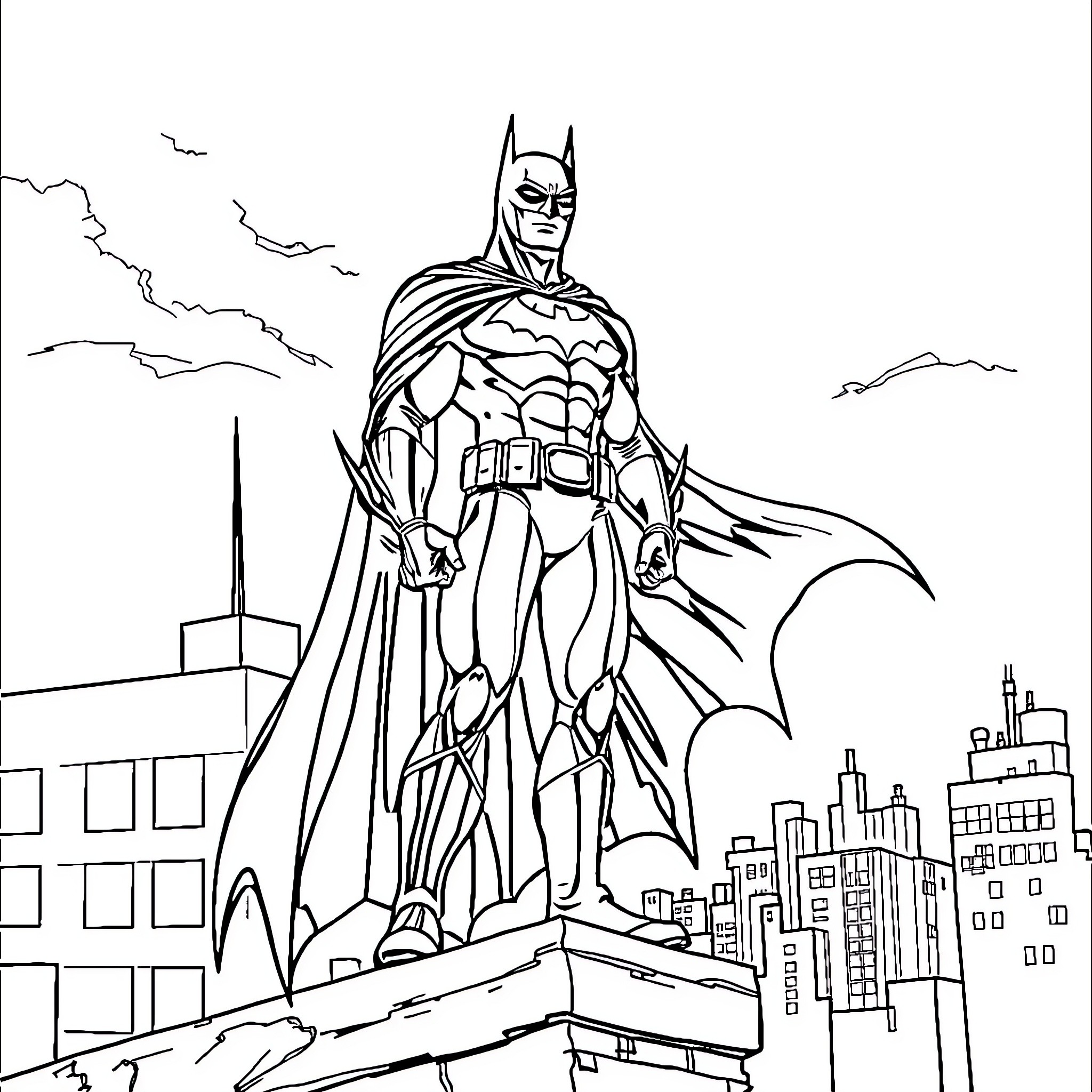 Batman stands vigilant over the city Coloring Page (free black-and-white line drawing printable PDF for all, from beginners to advanced learners, including children, teens, adults, and seniors)