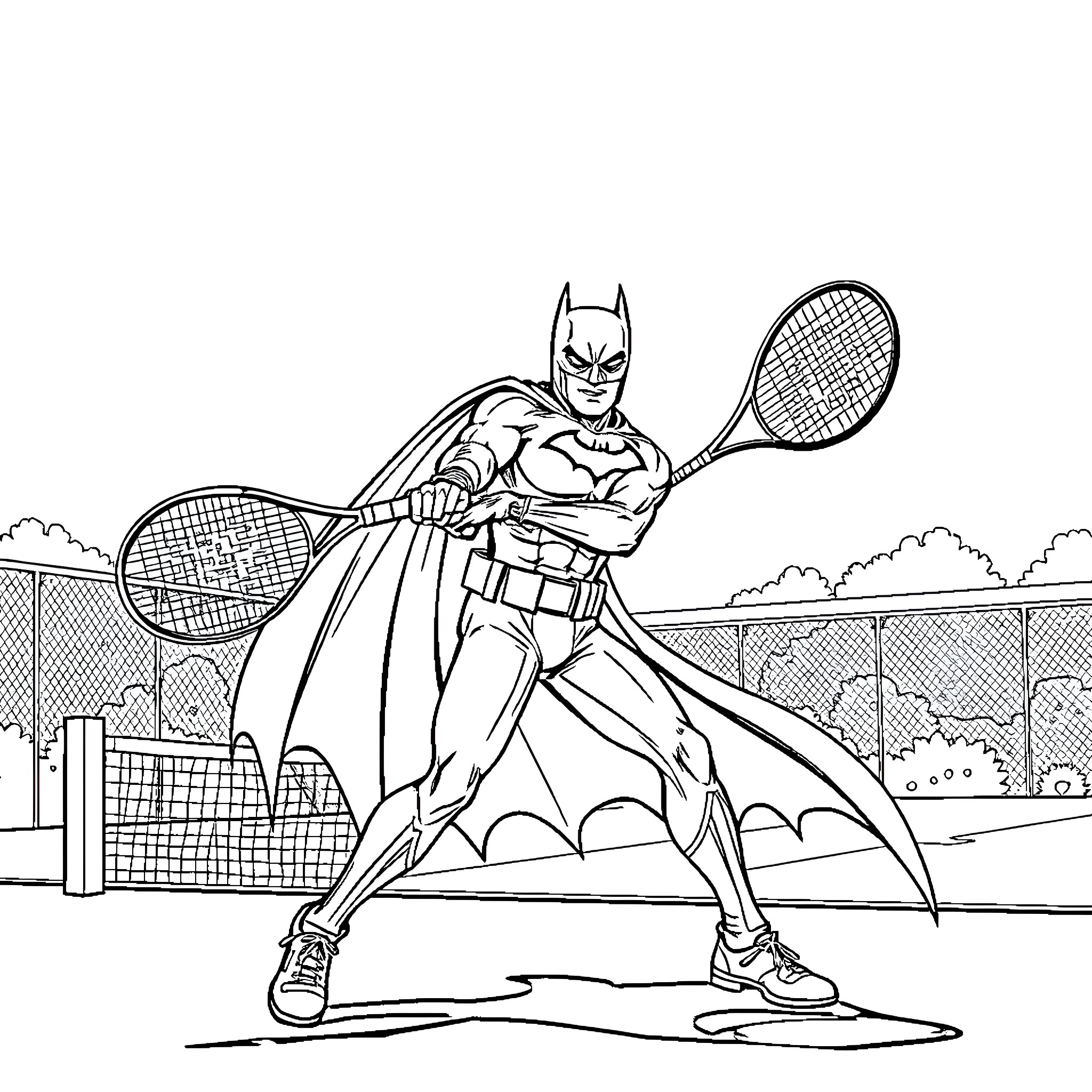 Batman playing tennis on the court Coloring Page (free black-and-white line drawing printable PDF for all, from beginners to advanced learners, including children, teens, adults, and seniors)