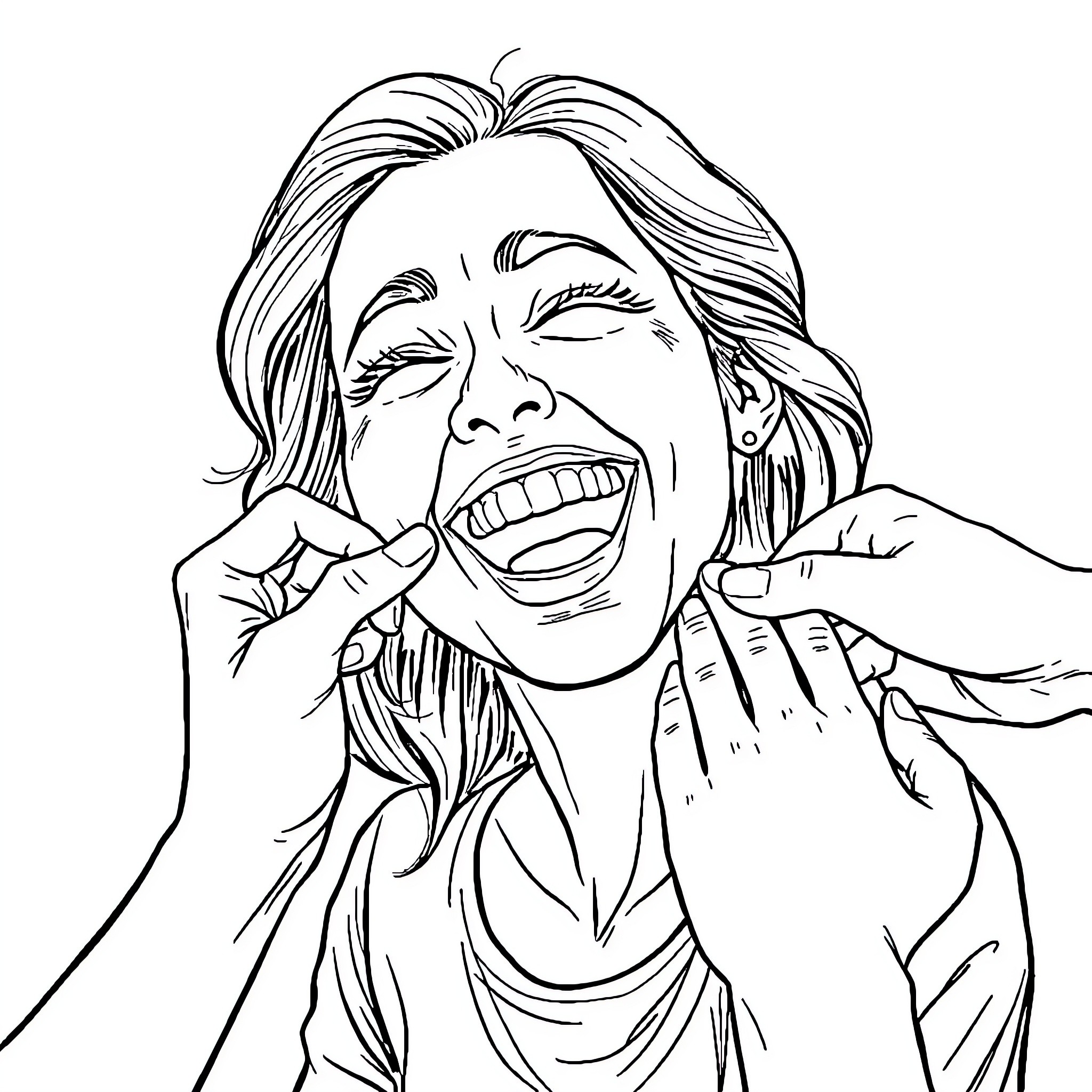 Woman laughing joyfully with hands on face Coloring Page (free black-and-white line drawing printable PDF for all, from beginners to advanced learners, including children, teens, adults, and seniors)