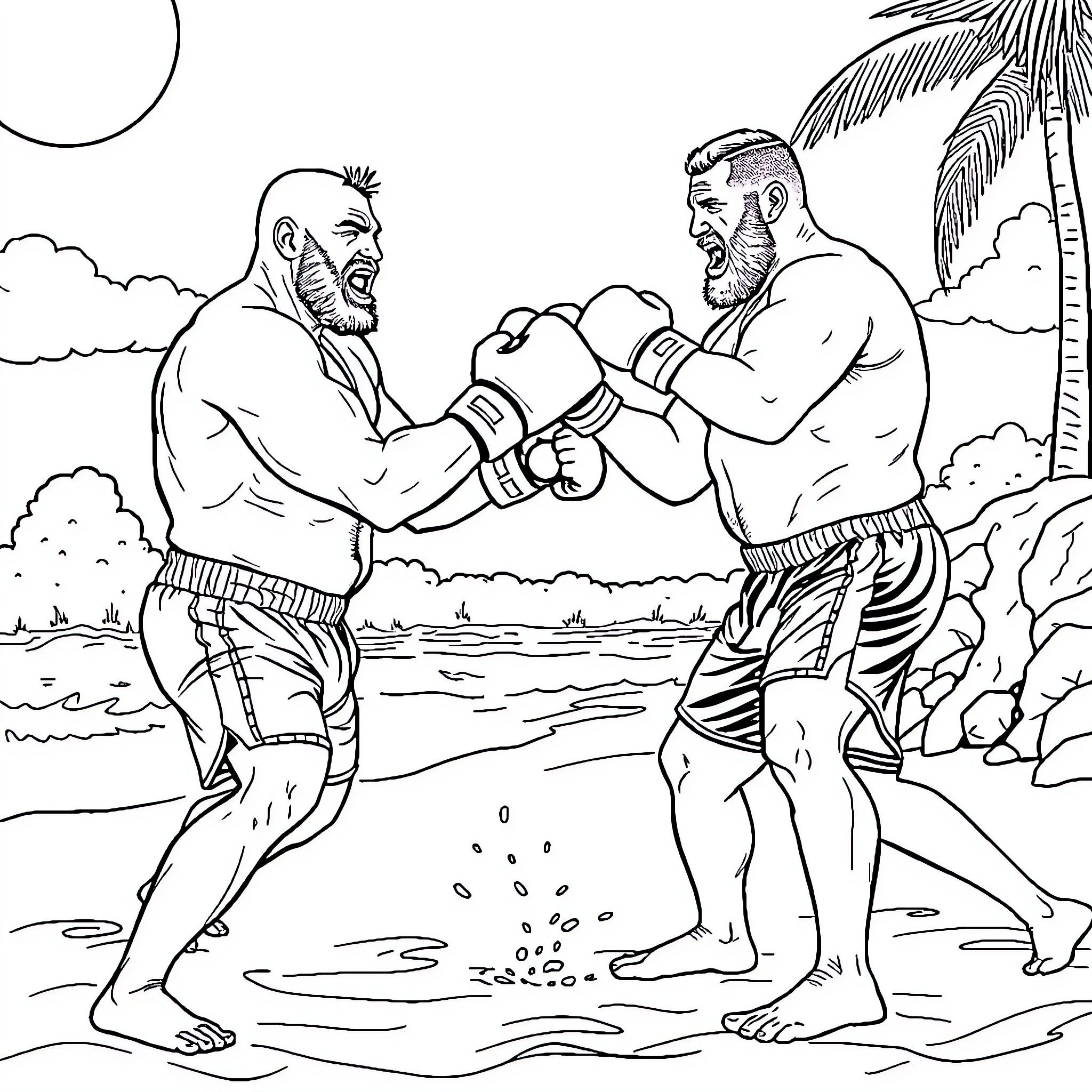 Boxing match in the tropical setting Coloring Page (free black-and-white line drawing printable PDF for all, from beginners to advanced learners, including children, teens, adults, and seniors)
