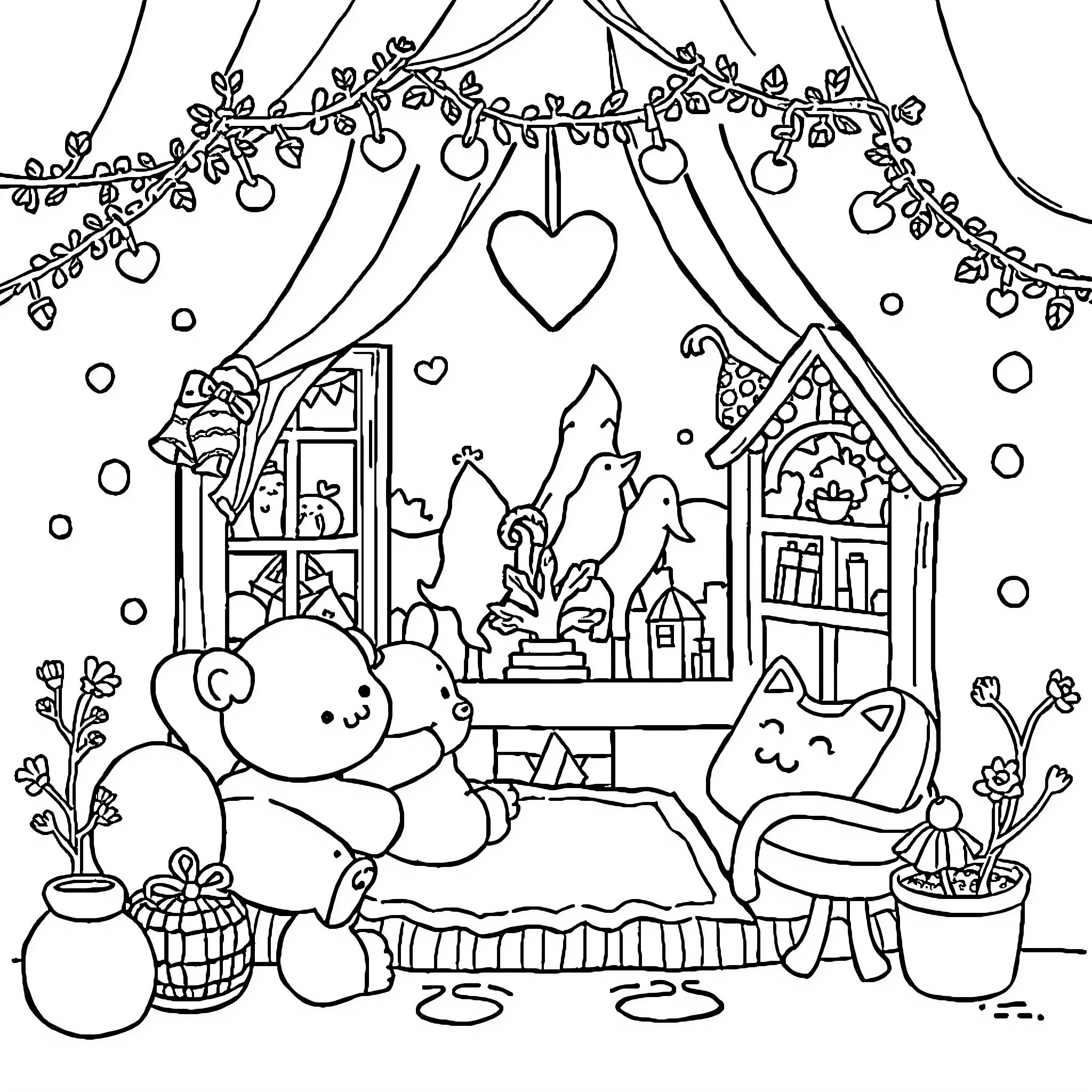 Book of Cozy Winter Scenes with Stuffed Animals Coloring Page (free black-and-white line drawing printable PDF for all, from beginners to advanced learners, including children, teens, adults, and seniors)
