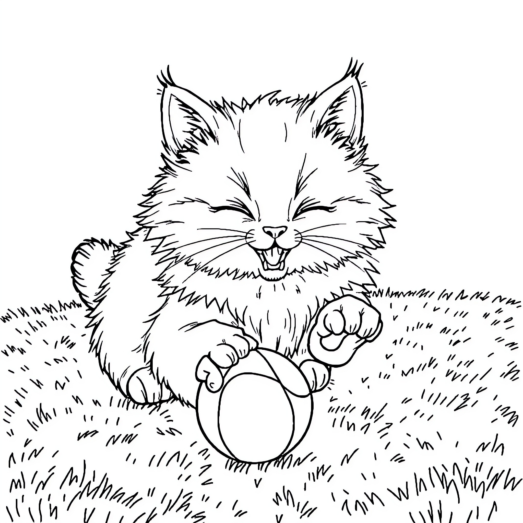 Cat playing with ball in the grass Coloring Page (free black-and-white line drawing printable PDF for all, from beginners to advanced learners, including children, teens, adults, and seniors)